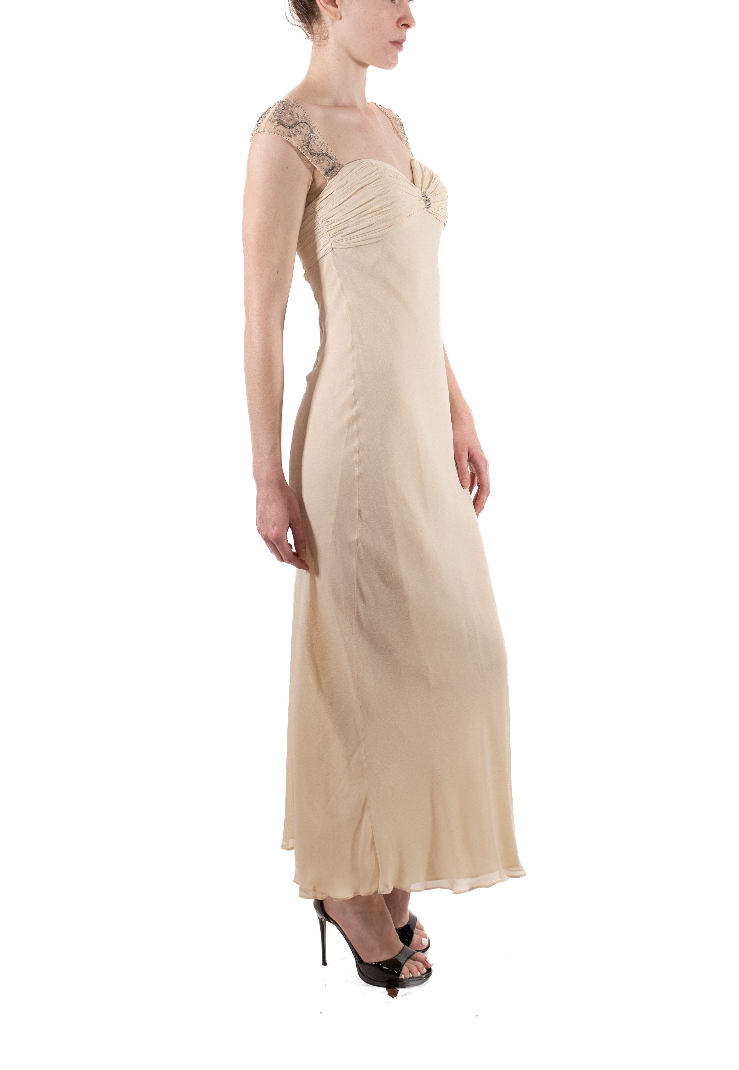 1990S Pearl White Bias Cut Silk Chiffon Old Hollywood Style Gown With Sheer Beaded Shoulders 1990S Pearl White Bias Cut Silk Chiffon Old Hollywood Style Gown With Sheer Beaded Shoulders