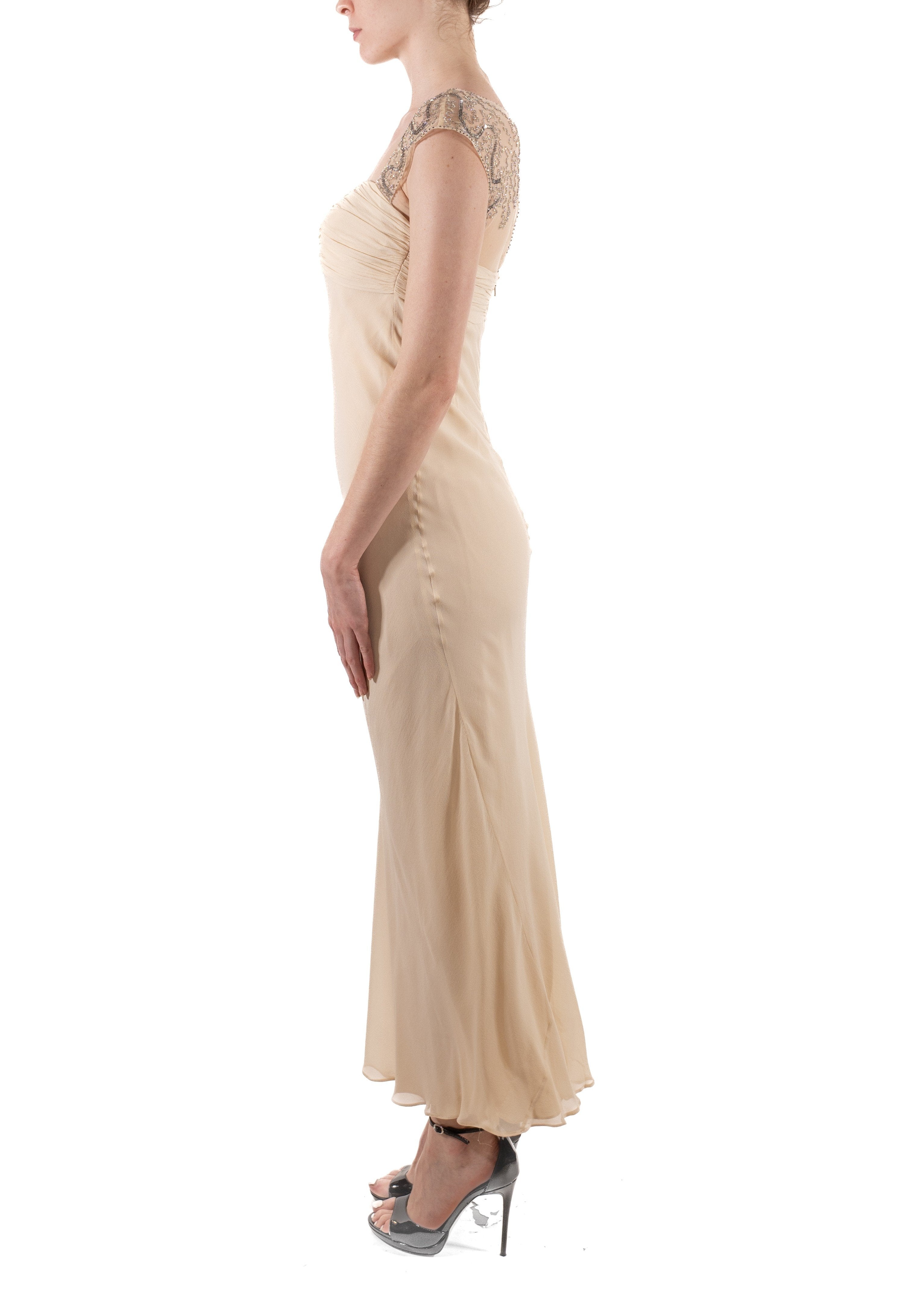 1990S Pearl White Bias Cut Silk Chiffon Old Hollywood Style Gown With Sheer Beaded Shoulders 1990S Pearl White Bias Cut Silk Chiffon Old Hollywood Style Gown With Sheer Beaded Shoulders
