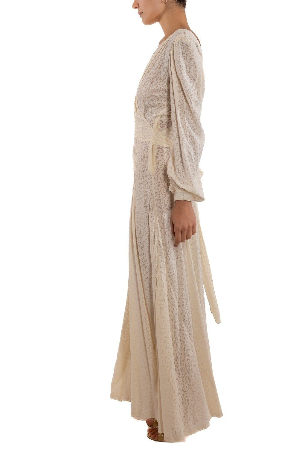 1940S Pearl White Burnout Chiffon Sheer Dress With Floral Pattern