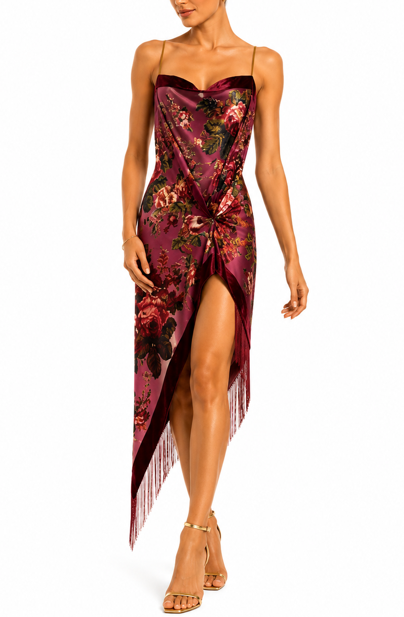 MORPHEW COLLECTION Red Wine Floral Burnout Velvet Cocktail Dress with Fringe