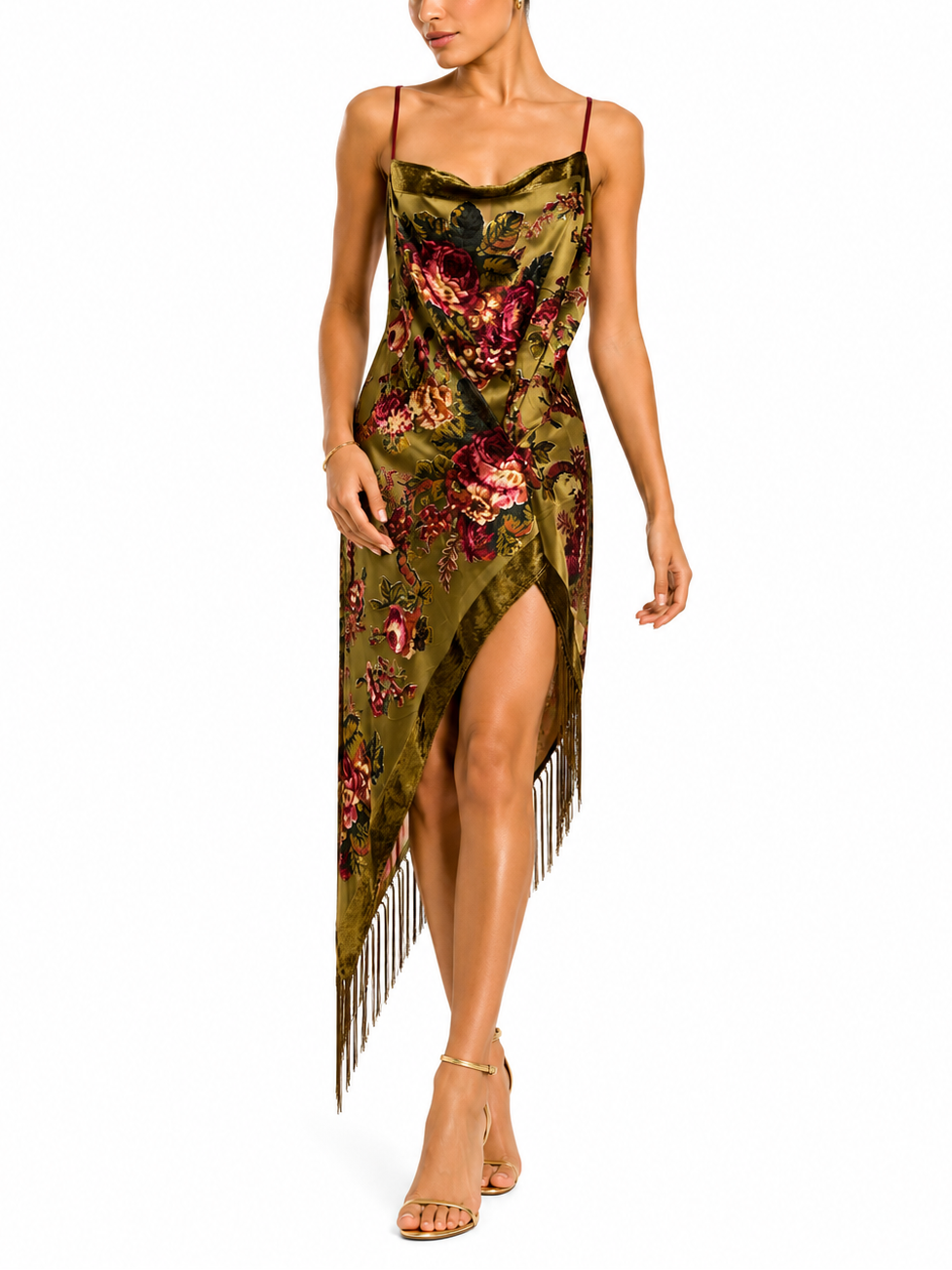 MORPHEW COLLECTION Olive Green Floral Burnout Velvet Cocktail Dress with Fringe