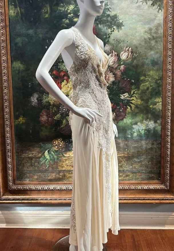 MORPHEW ATELIER Cream Silk Charmeuse & Chiffon Beaded Lace Bias Cut Gown