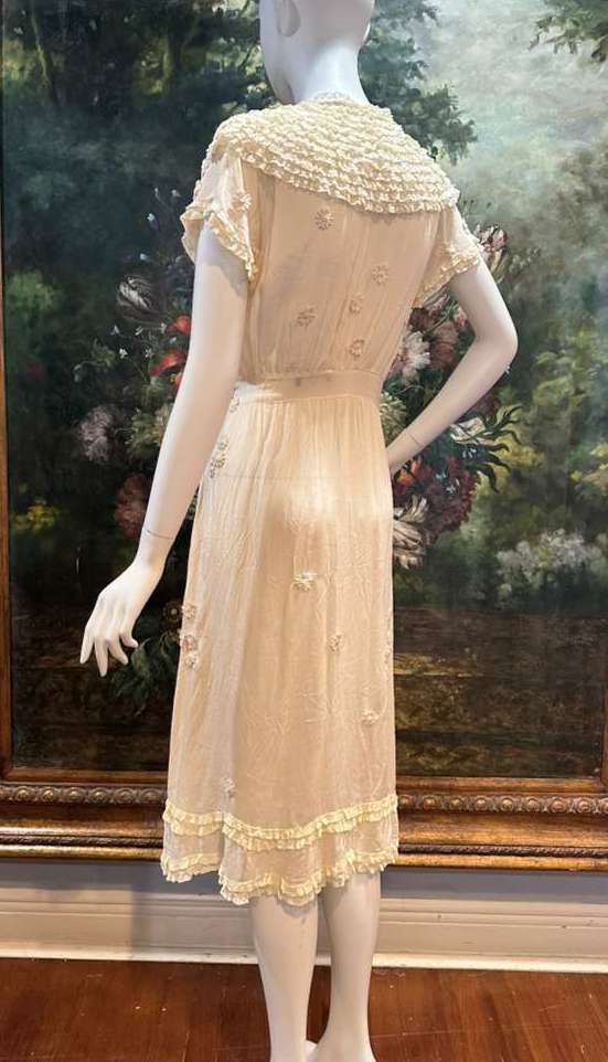 MORPHEW COLLECTION Cream Silk Antique Lace & 1930s Dress Wrap Dress
