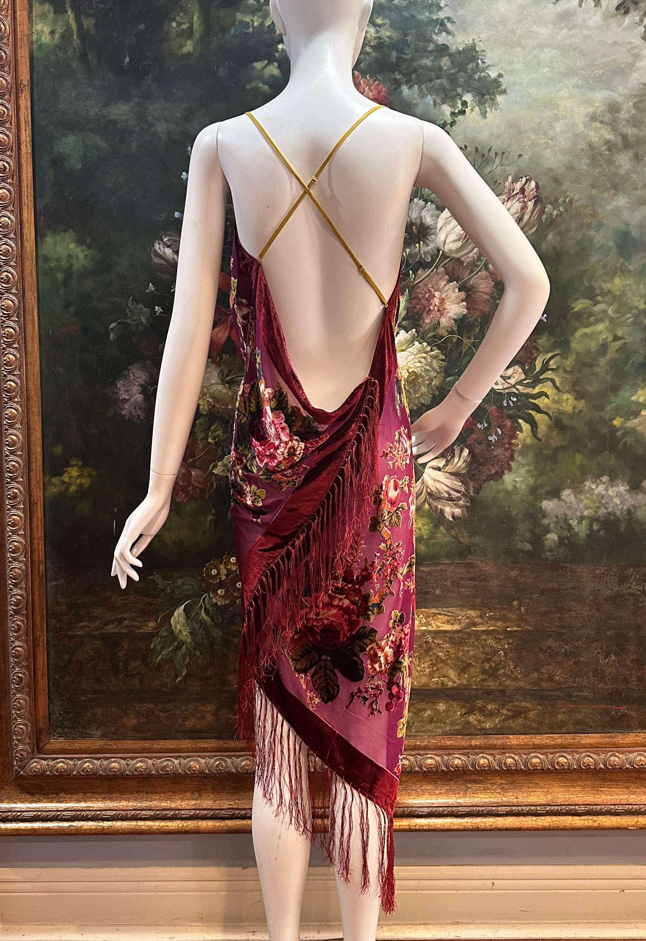 MORPHEW COLLECTION Red Wine Floral Burnout Velvet Cocktail Dress with Fringe