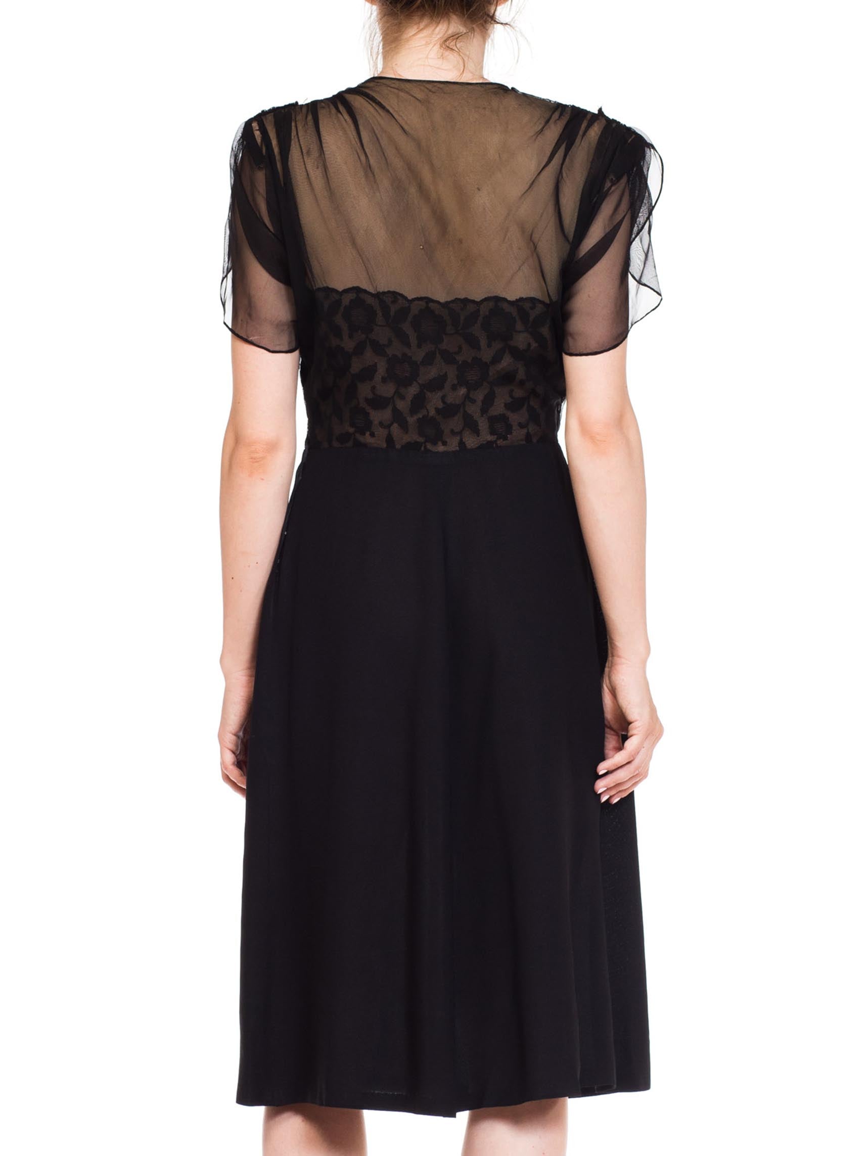 1940S Black Sheer Nylon & Lace Fitted Cocktail Dress MORPHEW 1940S Black Sheer Nylon & Lace Fitted Cocktail Dress MORPHEW
