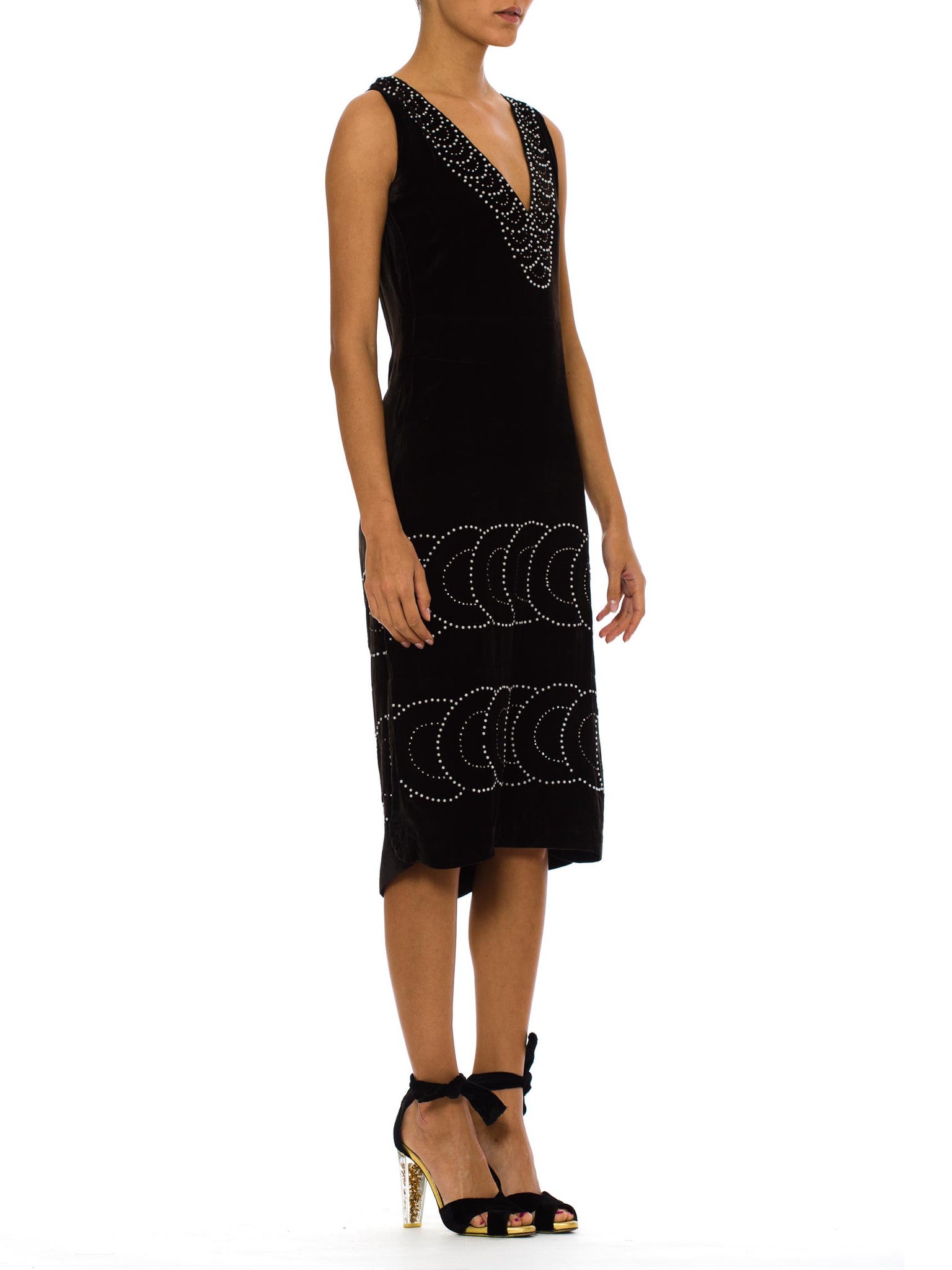 1920S Black Silk Velvet Low Back Cocktail Dress With Deco Pearl & Rhinestone Beadwork 1920S Black Silk Velvet Low Back Cocktail Dress With Deco Pearl & Rhinestone Beadwork