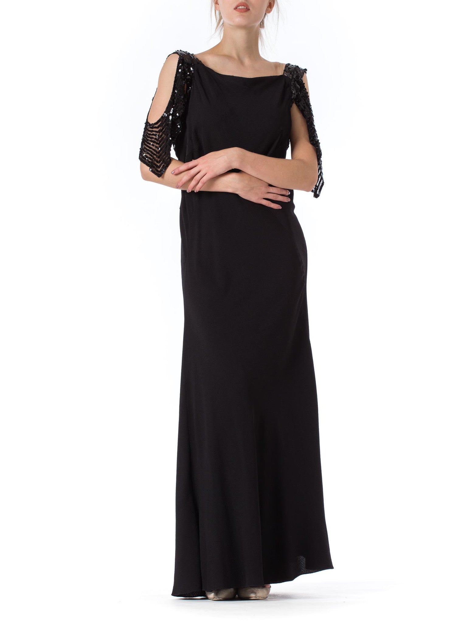 1930s Black Bias Cut Rayon Crepe Gown with Celluloid Sequin Peek-A-Boo Sleeves 1930s Black Bias Cut Rayon Crepe Gown with Celluloid Sequin Peek-A-Boo Sleeves
