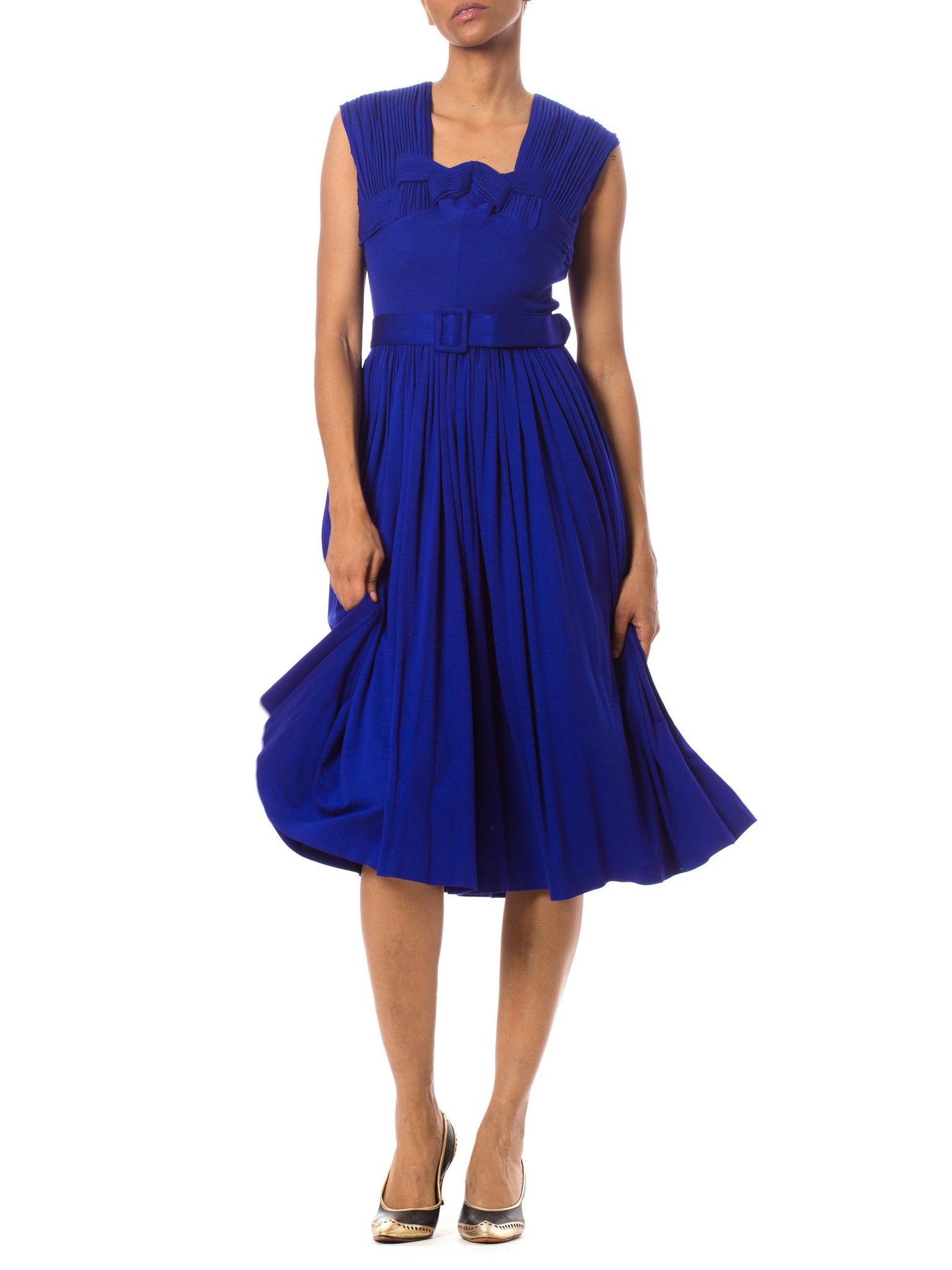 1950s Sapphire Blue Silk Jersey Couture Hand Pleated Dress with Belt 1950s Sapphire Blue Silk Jersey Couture Hand Pleated Dress with Belt