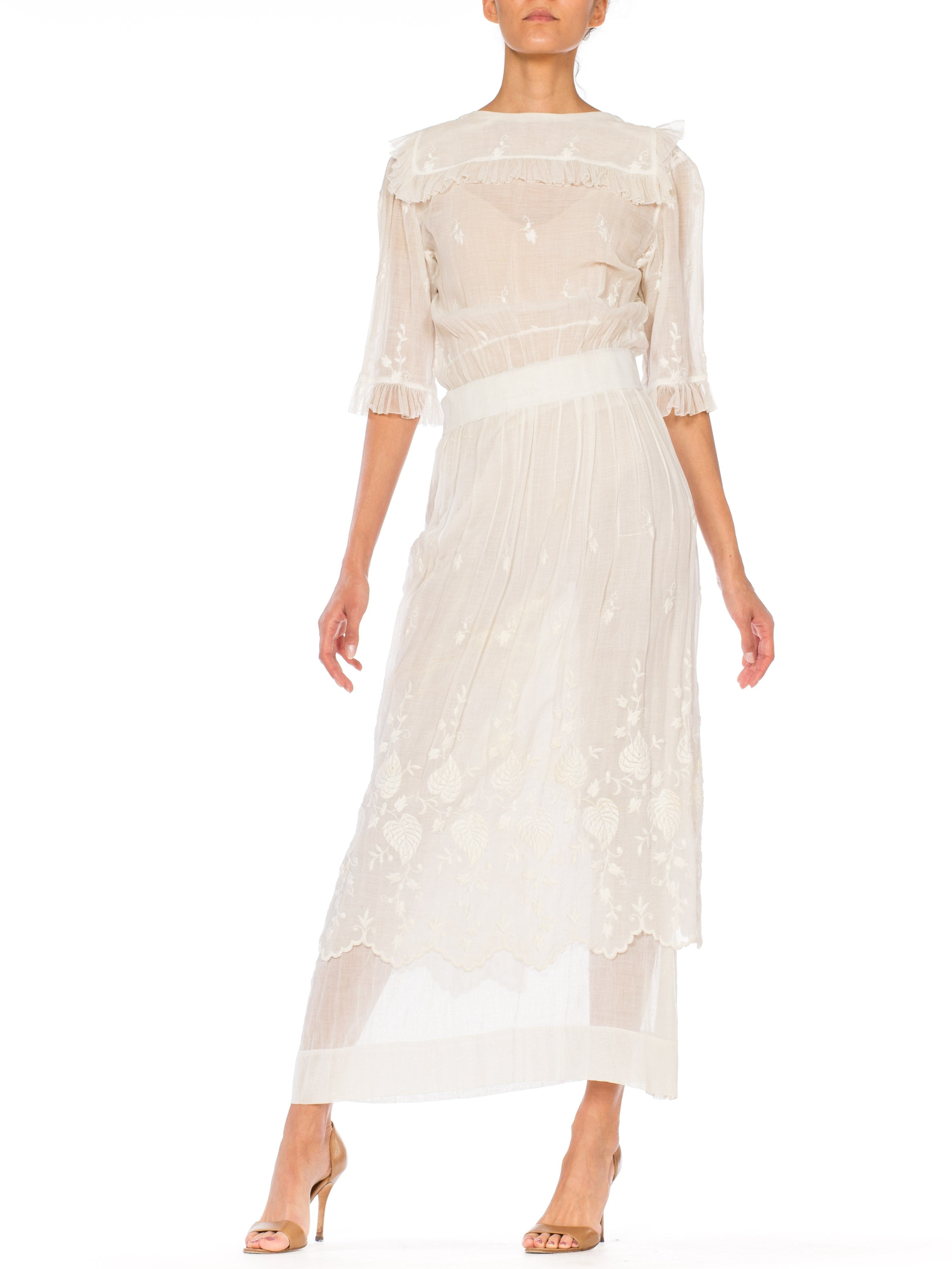 Edwardian White Embroidered Cotton Voile Tea Dress With Sleeves Edwardian White Embroidered Cotton Voile Tea Dress With Sleeves