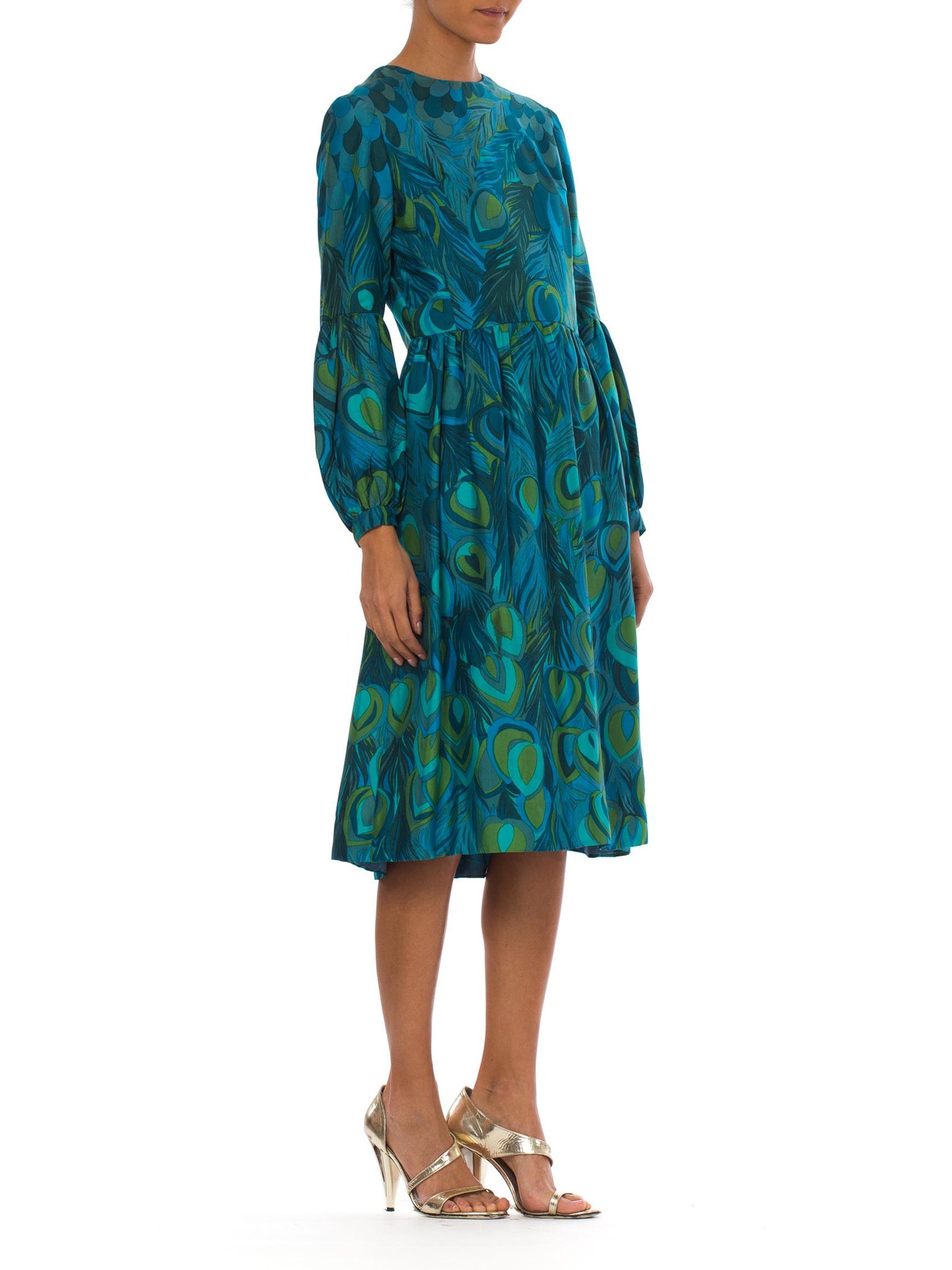 1960S Teal & Green Silk Twill Hand Printed Peacock Feather Print Long Sleeve Dress 1960S Teal & Green Silk Twill Hand Printed Peacock Feather Print Long Sleeve Dress