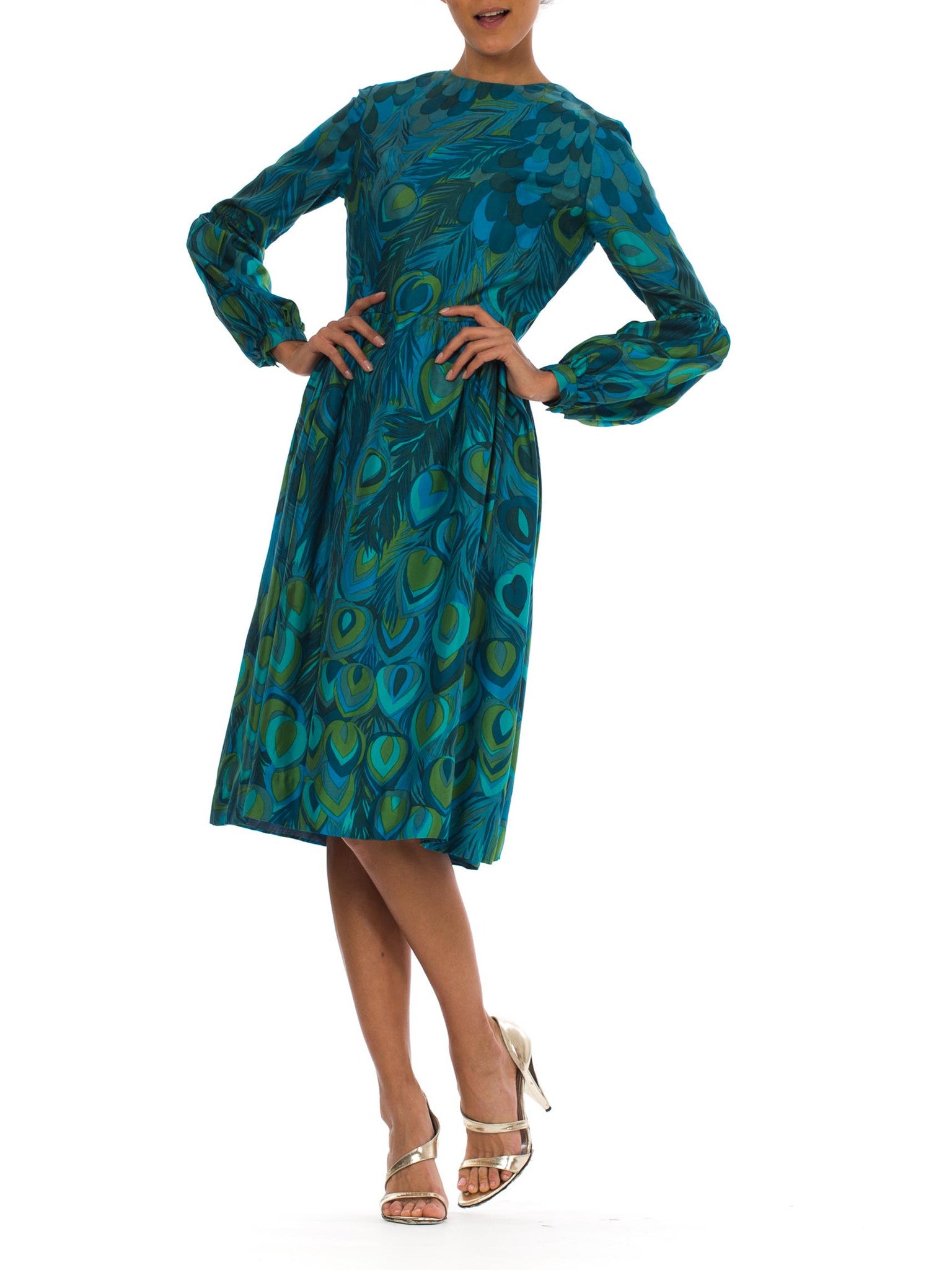 1960s Teal & Green Silk Twill Hand Printed Peacock Feather Print Long Sleeve Dress 1960s Teal & Green Silk Twill Hand Printed Peacock Feather Print Long Sleeve Dress
