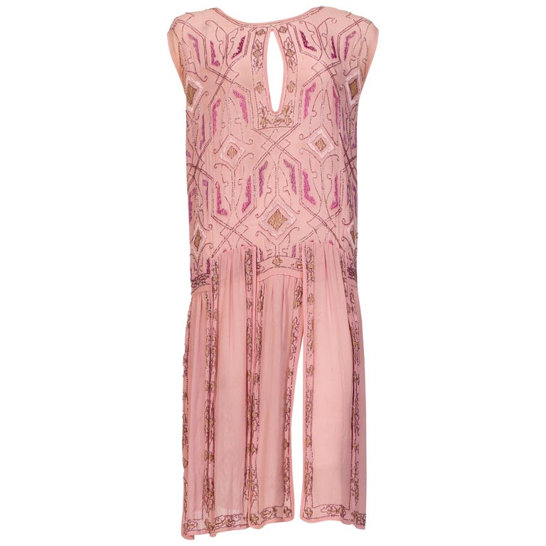 1920S Dusty Rose Silk Chiffon Hand Embroidered & Beaded Flapper Dress 1920S Dusty Rose Silk Chiffon Hand Embroidered & Beaded Flapper Dress