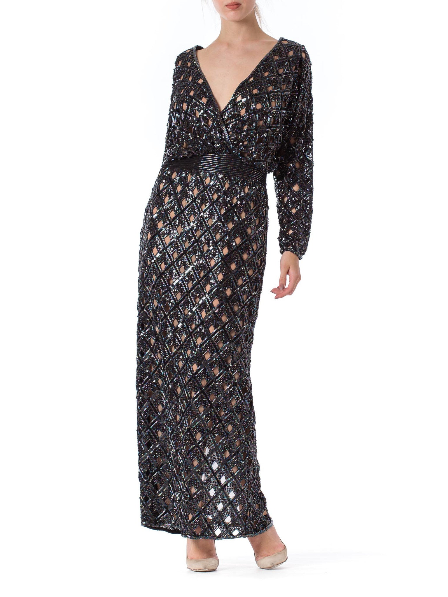 1970S BOB MACKIE Black Beaded Silk Geometric Cut Out Low & Backless Gown 1970S BOB MACKIE Black Beaded Silk Geometric Cut Out Low & Backless Gown