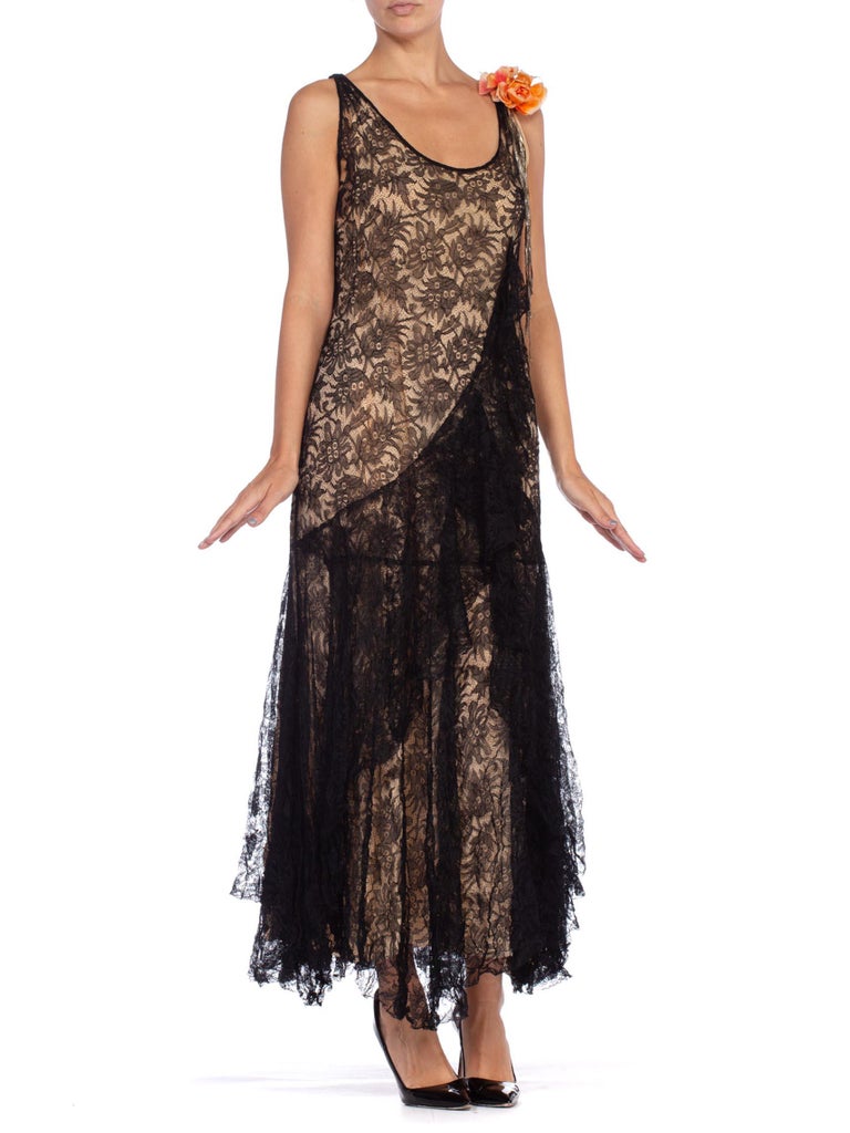 1920S Black Silk Chantilly Lace Flowy Cocktail Dress With Original Slip And Flower Corsage 1920S Black Silk Chantilly Lace Flowy Cocktail Dress With Original Slip And Flower Corsage