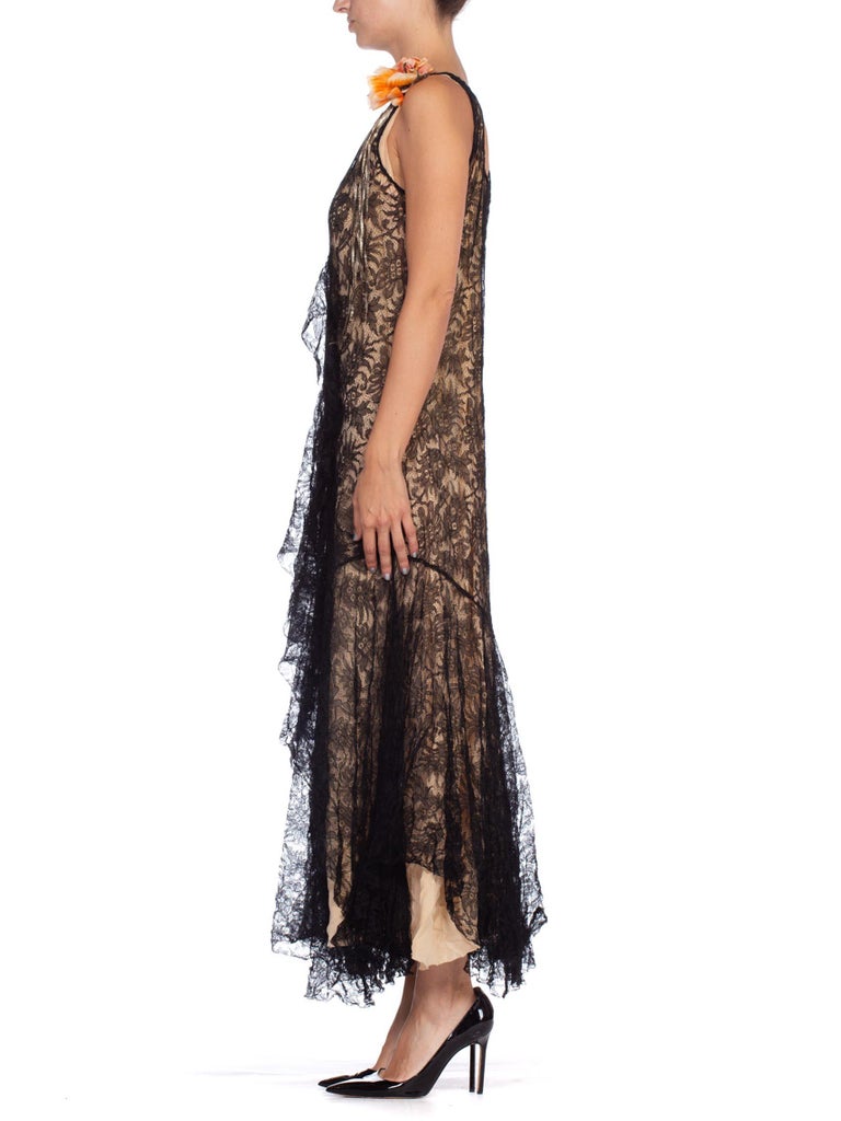 1920S Black Silk Chantilly Lace Flowy Cocktail Dress With Original Slip And Flower Corsage 1920S Black Silk Chantilly Lace Flowy Cocktail Dress With Original Slip And Flower Corsage