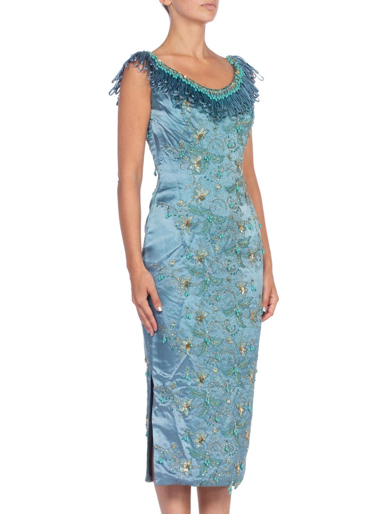 1950'S BALMAIN Style Turquoise Haute Couture Silk Duchess Satin Embroidered With Crystals & Fringe Cocktail Dress 1950'S BALMAIN Style Turquoise Haute Couture Silk Duchess Satin Embroidered With Crystals & Fringe Cocktail Dress