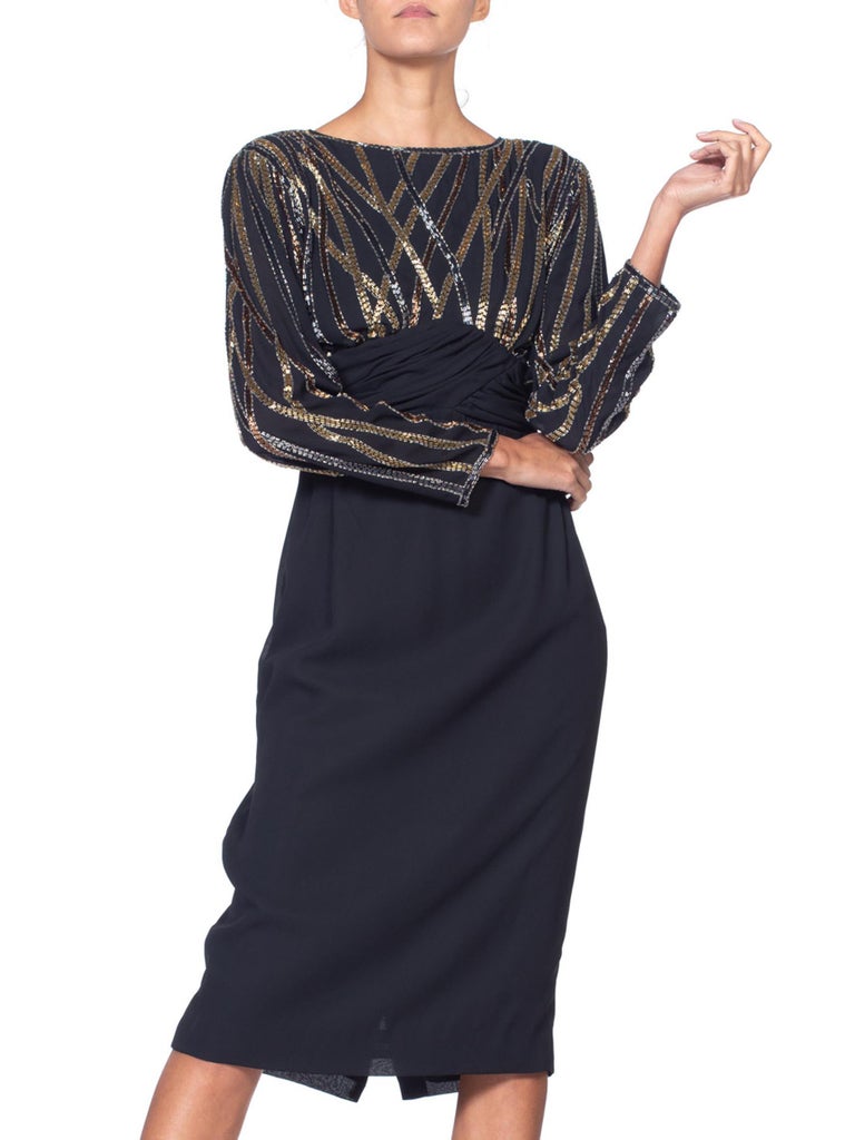 bob mackie cocktail dress 1990 Bob Mackie Teal-Green & Black Beaded Fringe Backless Cocktail Dress