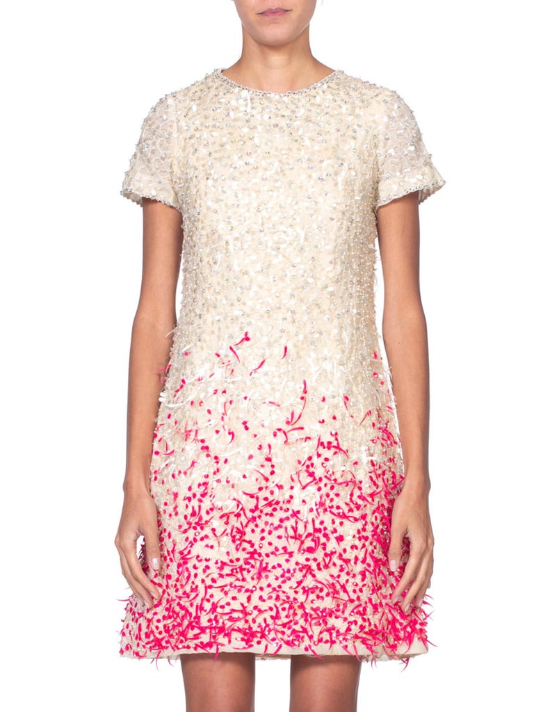 1960'S BALENCIAGA Style White Silk Organza Mod Cocktail Dress Beaded With Pink & Feathered Pailettes Crystals