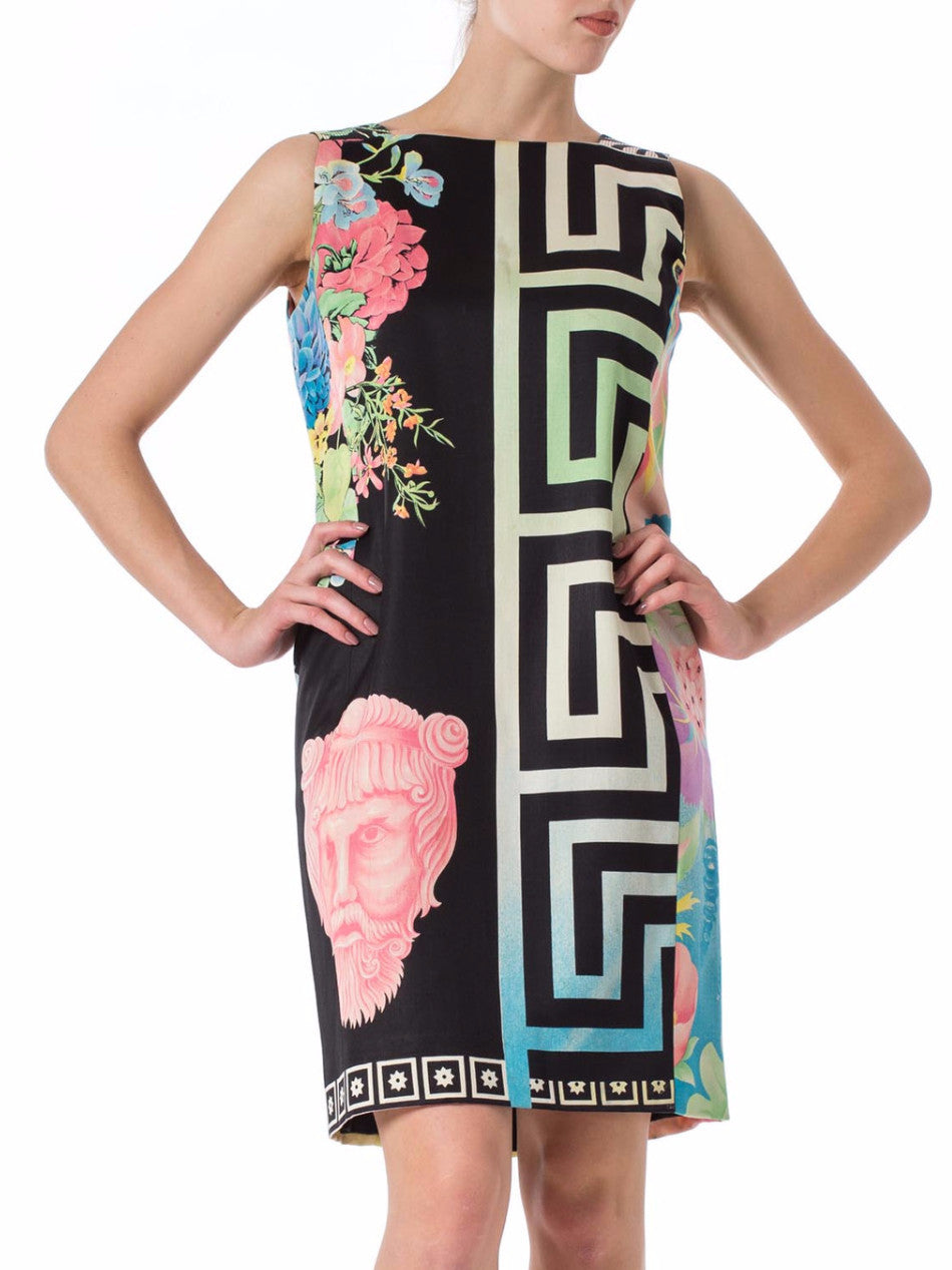 1990s Gianni Versace Pastel & Black Wool Blend Sateen Tropical Floral Dress with Classical Greek Designs 1990s Gianni Versace Pastel & Black Wool Blend Sateen Tropical Floral Dress with Classical Greek Designs