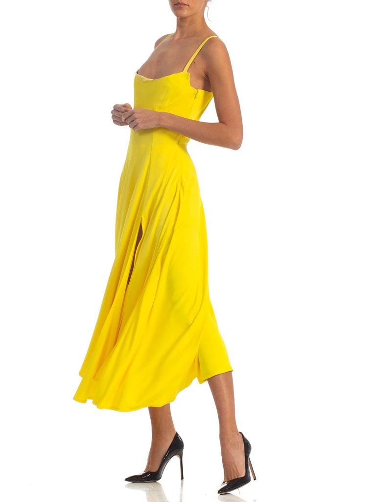 1990S GIANNI VERSACE Yellow Poly Blend Stretch Gown With High Slits And Matching Shorts