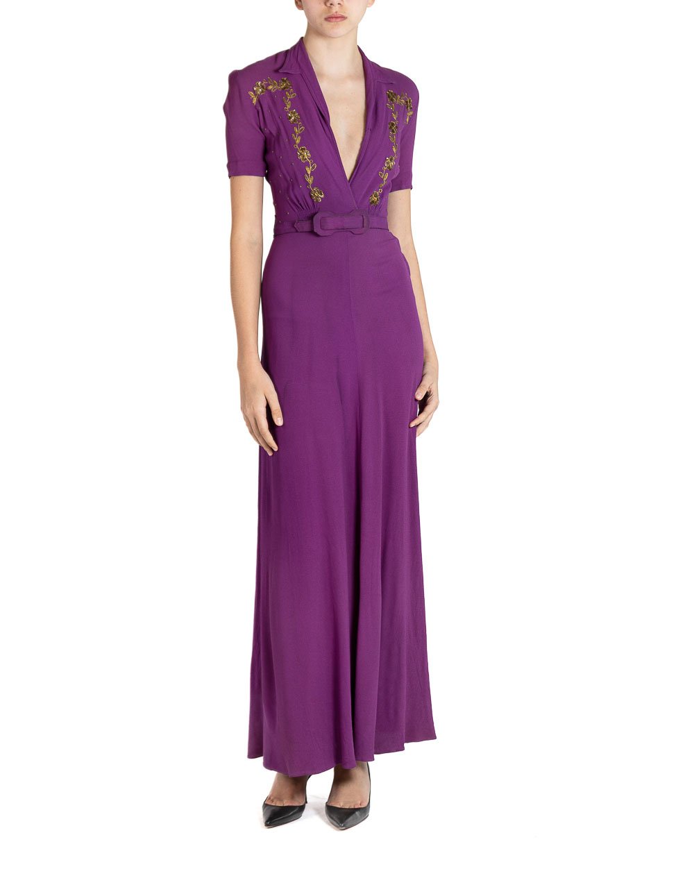 1930s Purple Rayon Crepe Dress with Belt & Gold Sequin Embellishment 1930s Purple Rayon Crepe Dress with Belt & Gold Sequin Embellishment