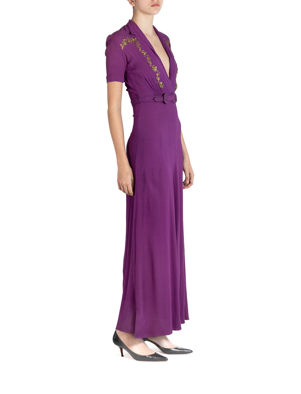 1930s Purple Rayon Crepe Dress with Belt & Gold Sequin Embellishment 1930s Purple Rayon Crepe Dress with Belt & Gold Sequin Embellishment