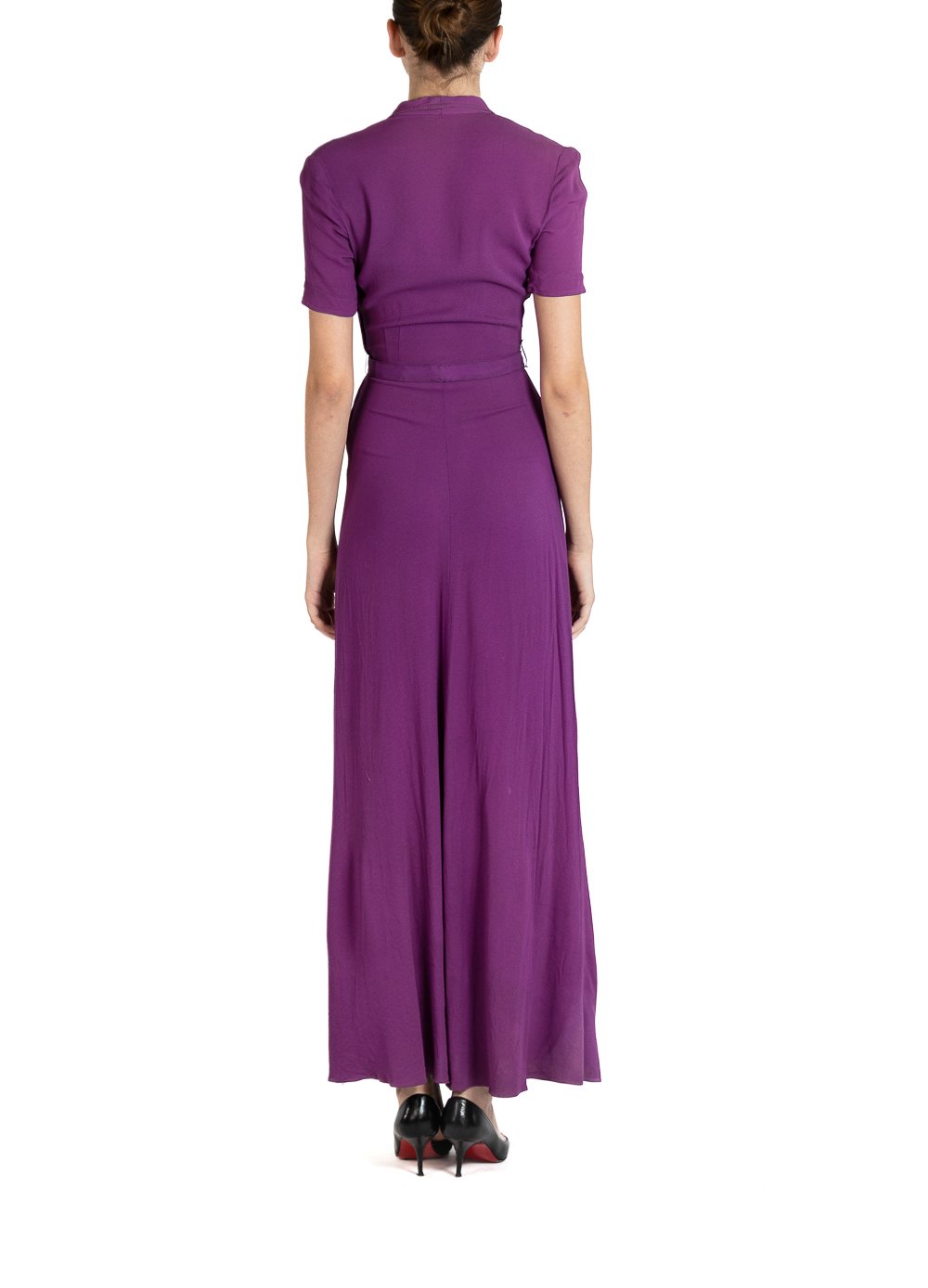 1930S Purple Rayon Crepe Dress With Belt & Gold Sequin Embellishment 1930S Purple Rayon Crepe Dress With Belt & Gold Sequin Embellishment