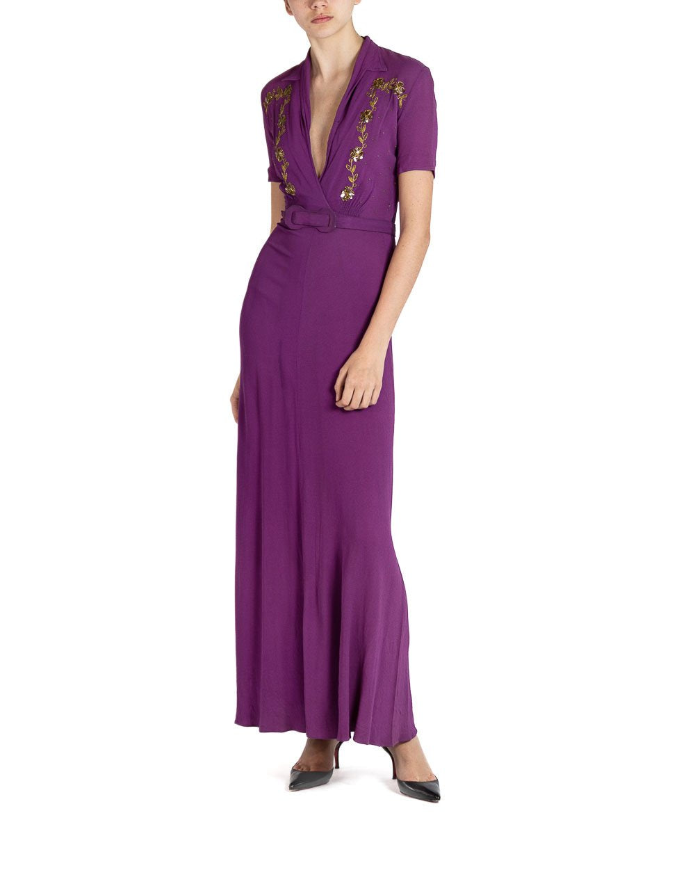 1930S Purple Rayon Crepe Dress With Belt & Gold Sequin Embellishment 1930S Purple Rayon Crepe Dress With Belt & Gold Sequin Embellishment