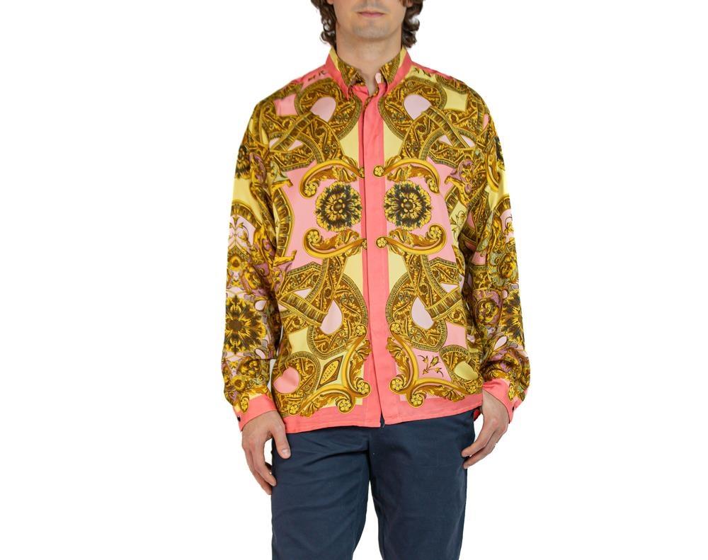 1990S Gianni Versace Pink & Gold Silk Dress Shirt With Original Baroque Scrolls 1990S Gianni Versace Pink & Gold Silk Dress Shirt With Original Baroque Scrolls