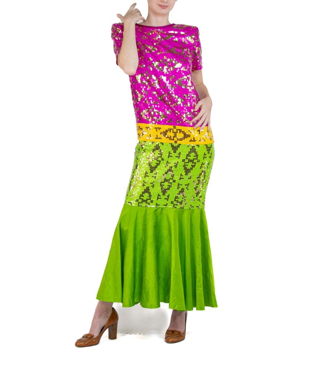 1960S BOB MACKIE Pink, Yellow, & Green Sequin Dress 1960S BOB MACKIE Pink, Yellow, & Green Sequin Dress