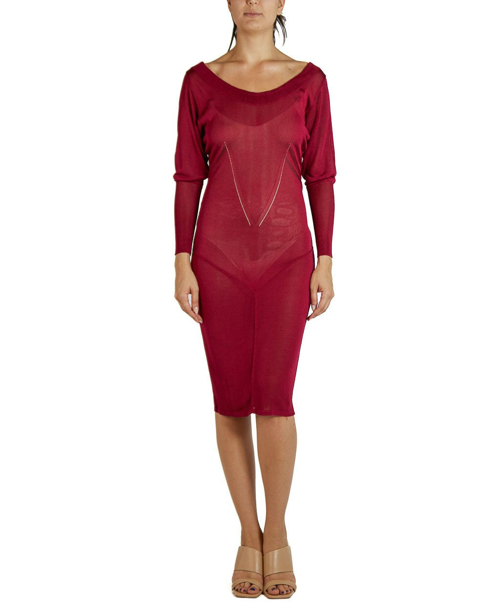 azzedine alaia dress red 1980S AZZEDINE ALAIA Claret Red Sheer Rayon Blend Knit Long Sleeved Dress