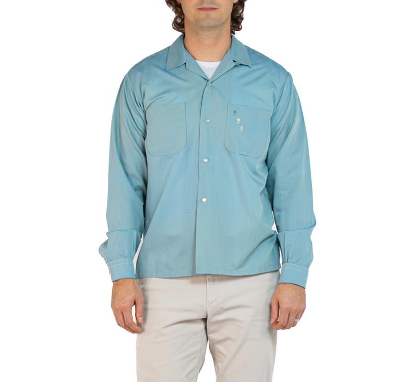 1950S Seafoam Green Cotton Blend Men's Long Sleeved Shirt With Hand-Embroidered Knights 1950S Seafoam Green Cotton Blend Men's Long Sleeved Shirt With Hand-Embroidered Knights
