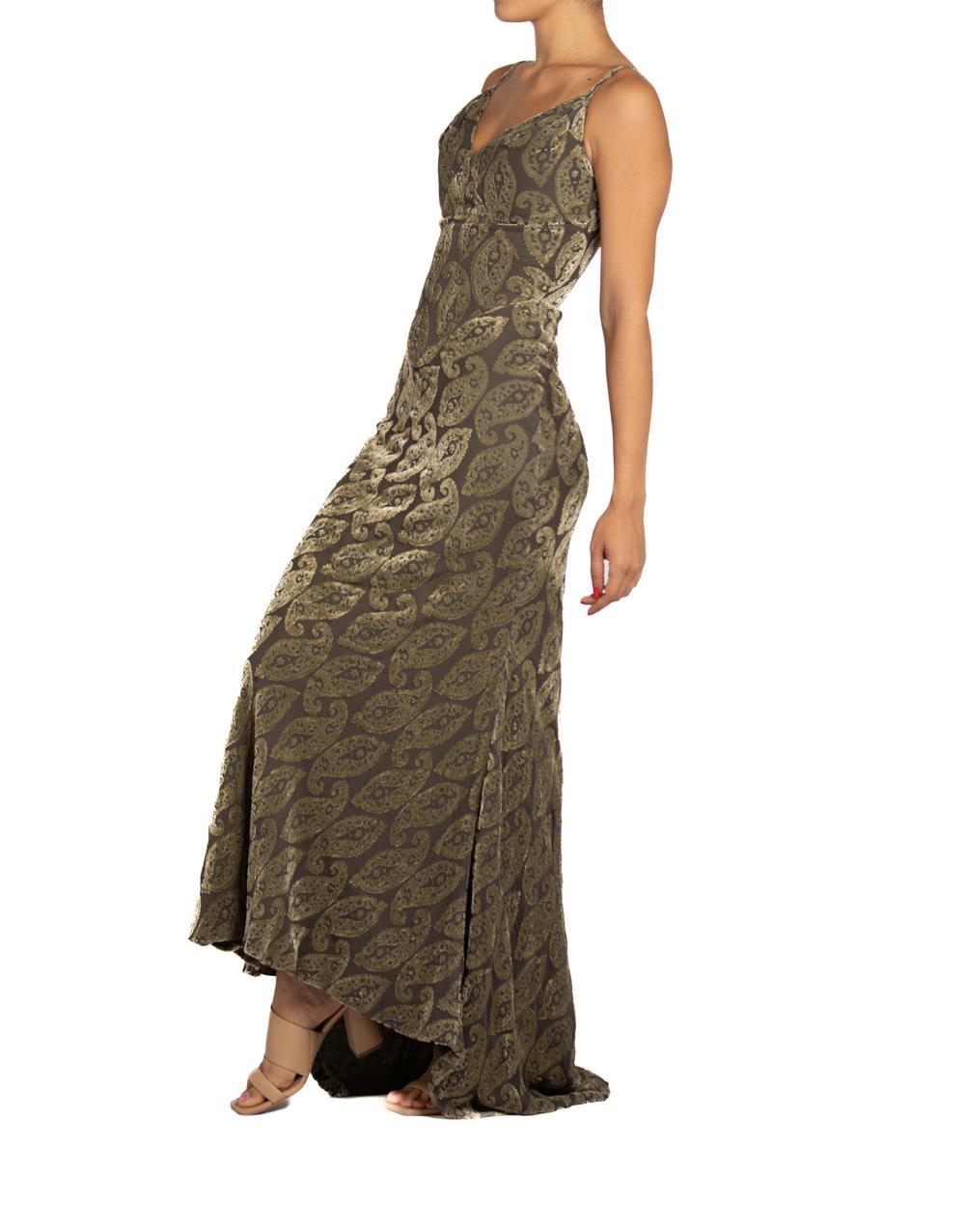 1990S DONALD DEAL Olive Green Bias Cut Rayon & Silk Burnout Velvet Dress 1990S DONALD DEAL Olive Green Bias Cut Rayon & Silk Burnout Velvet Dress