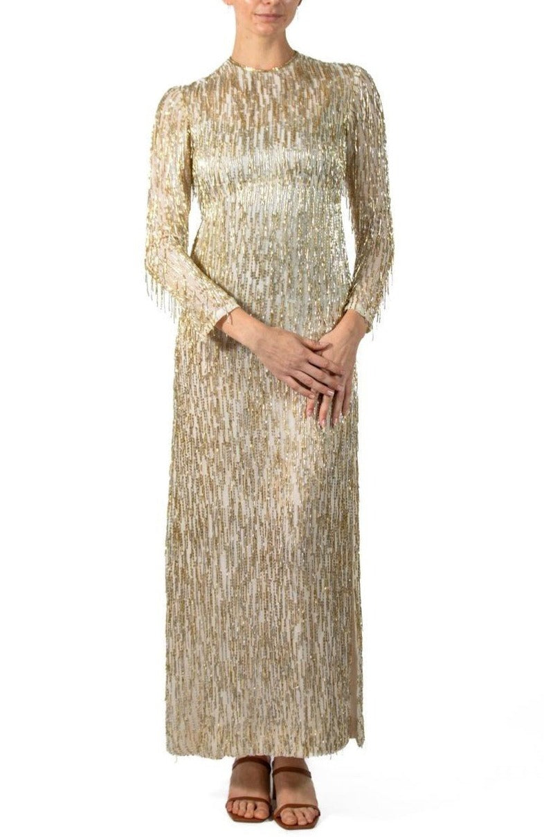 1960s White Silk Chiffon Empire Waist Gown Covered in Gold & Silver Beaded Fringe 1960s White Silk Chiffon Empire Waist Gown Covered in Gold & Silver Beaded Fringe