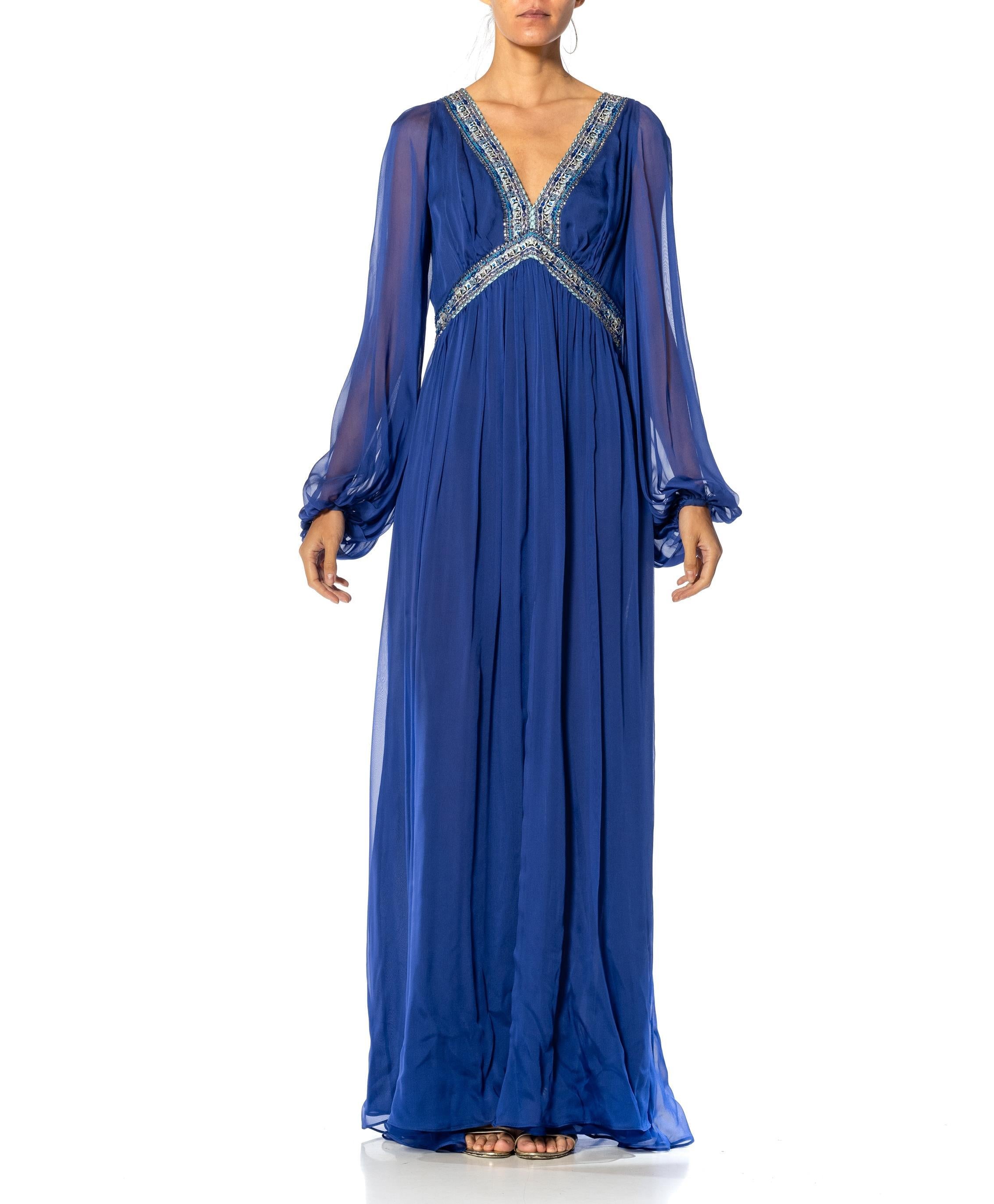 2000S EMILIO PUCCI Cobalt Blue Silk Chiffon Sleeved Gown With Beaded Print Details 2000S EMILIO PUCCI Cobalt Blue Silk Chiffon Sleeved Gown With Beaded Print Details