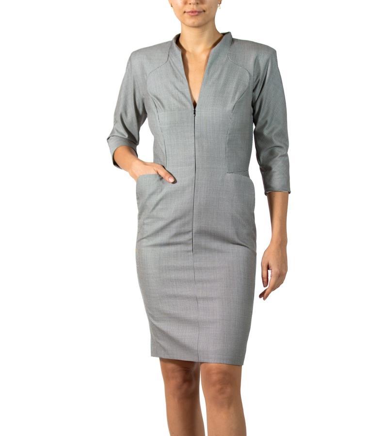 ALEXANDER MCQUEEN Silk & Wool Micro Houndstooth-Check Long Sleeved Dress With Zipper Neckline ALEXANDER MCQUEEN Silk & Wool Micro Houndstooth-Check Long Sleeved Dress With Zipper Neckline