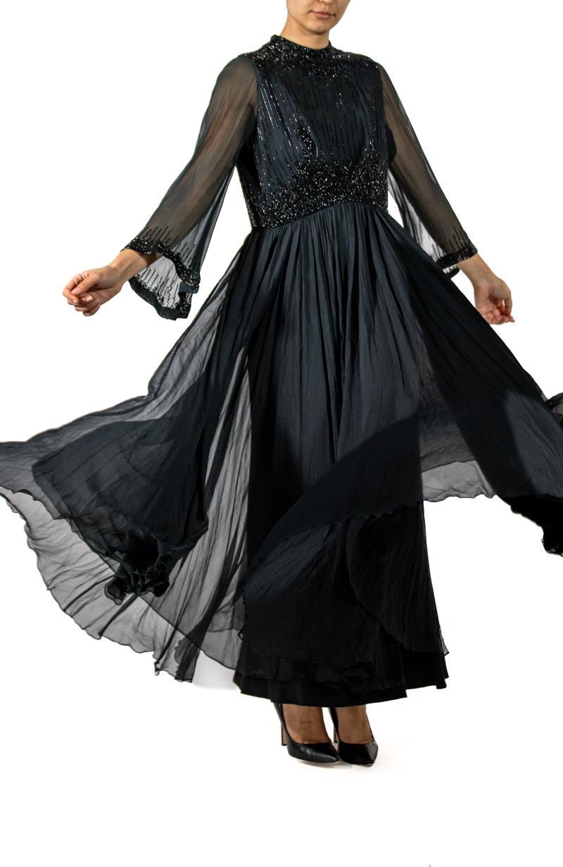 1960s Black Beaded Silk Chiffon Demi-Empire Waist Gown with Bell Sleeves 1960s Black Beaded Silk Chiffon Demi-Empire Waist Gown with Bell Sleeves