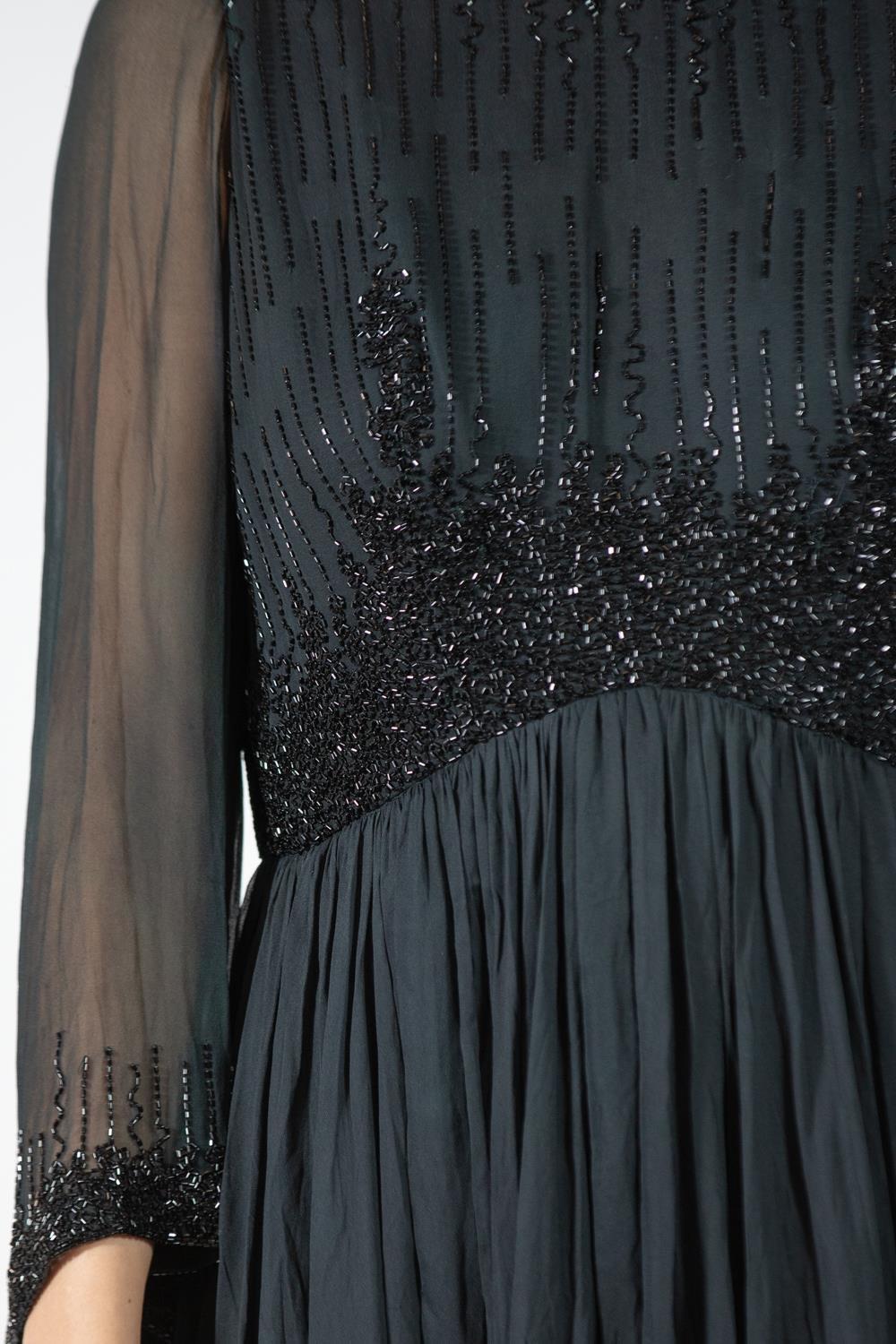1960S Black Beaded Silk Chiffon Demi-Empire Waist Gown With Bell Sleeves 1960S Black Beaded Silk Chiffon Demi-Empire Waist Gown With Bell Sleeves
