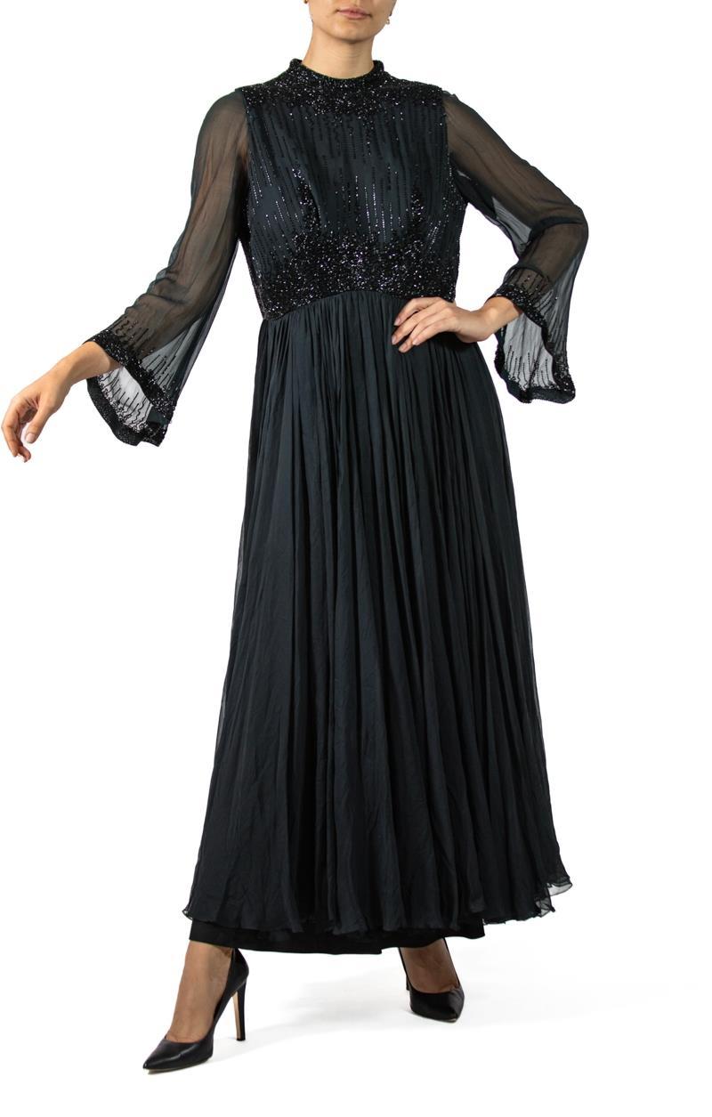 1960S Black Beaded Silk Chiffon Demi-Empire Waist Gown With Bell Sleeves 1960S Black Beaded Silk Chiffon Demi-Empire Waist Gown With Bell Sleeves
