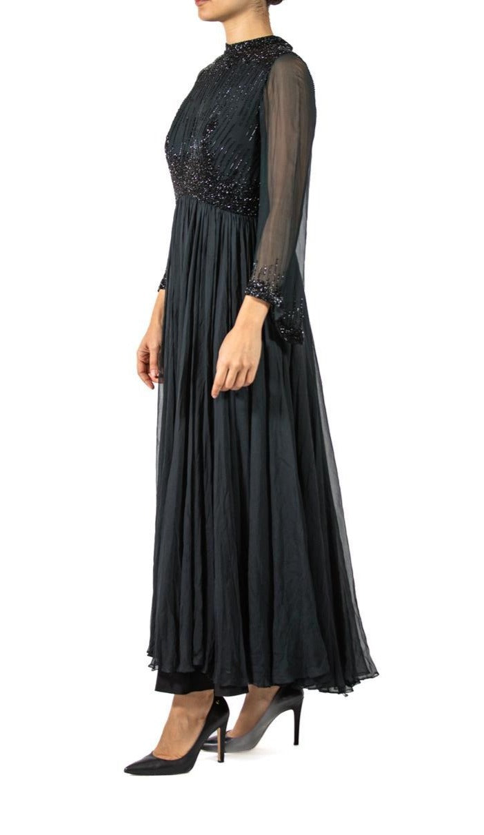 1960S Black Beaded Silk Chiffon Demi-Empire Waist Gown With Bell Sleeves 1960S Black Beaded Silk Chiffon Demi-Empire Waist Gown With Bell Sleeves