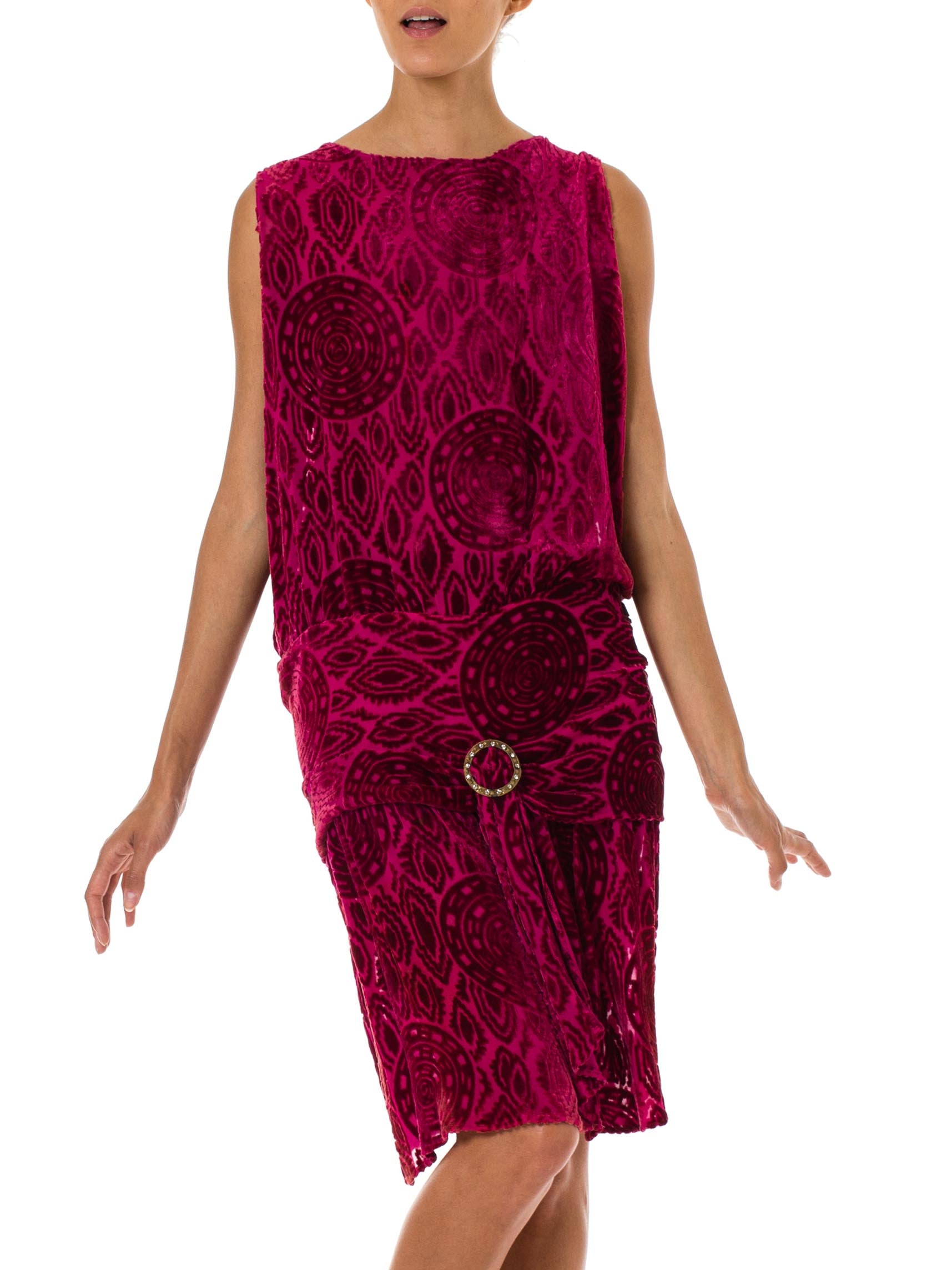 1920S Hot Pink Burnout Silk Velvet Drop Waist Flapper Cocktail Dress With Crystal Buckle 1920S Hot Pink Burnout Silk Velvet Drop Waist Flapper Cocktail Dress With Crystal Buckle