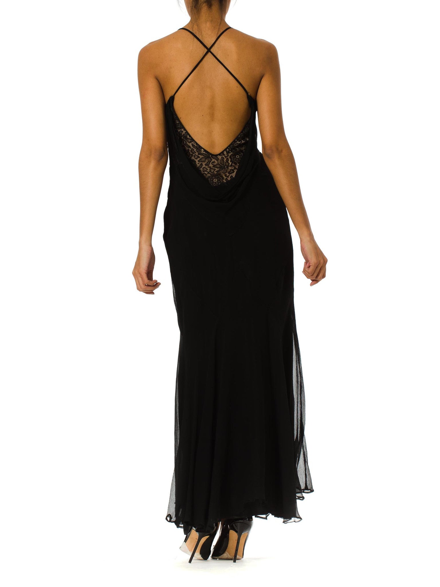 MORPHEW Collection Black Sheer Silk Chiffon & 1930s Lace Backless Gown MORPHEW Collection Black Sheer Silk Chiffon & 1930s Lace Backless Gown