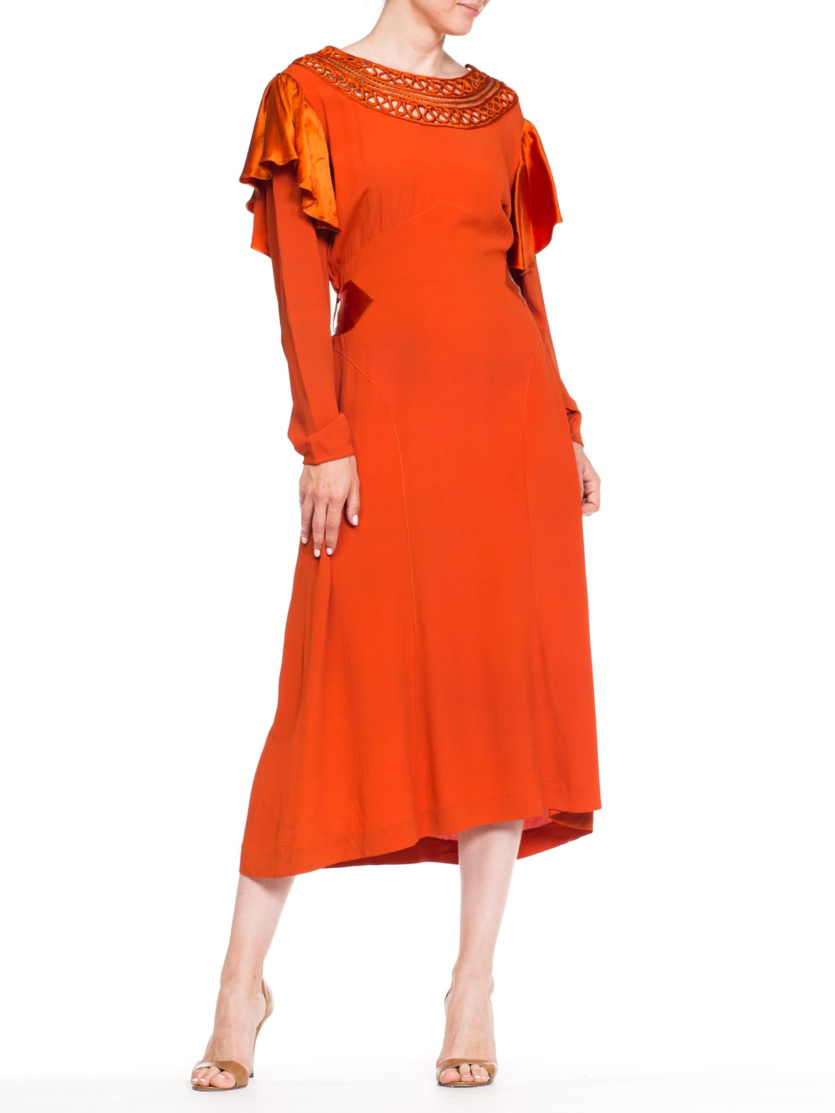1930S Burnt Orange Rayon & Silk Crepe Satin Long Sleeve Dress With Adjustable Waist Sash Handmade Neckline, XL 1930S Burnt Orange Rayon & Silk Crepe Satin Long Sleeve Dress With Adjustable Waist Sash Handmade Neckline, XL