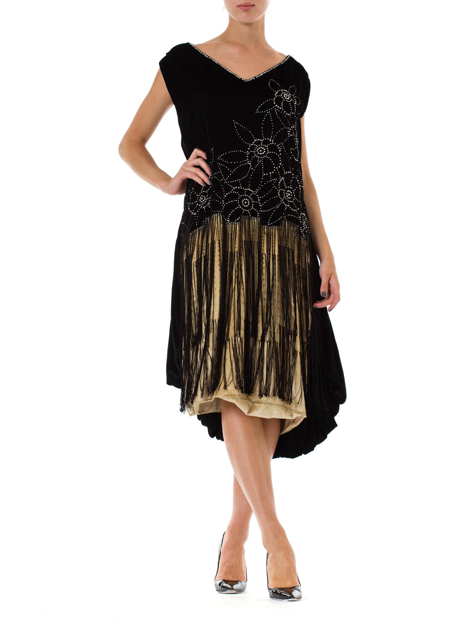 1920S Black & White Silk Velvet Fringe Cocktail Dress With Rhinestones 1920S Black & White Silk Velvet Fringe Cocktail Dress With Rhinestones