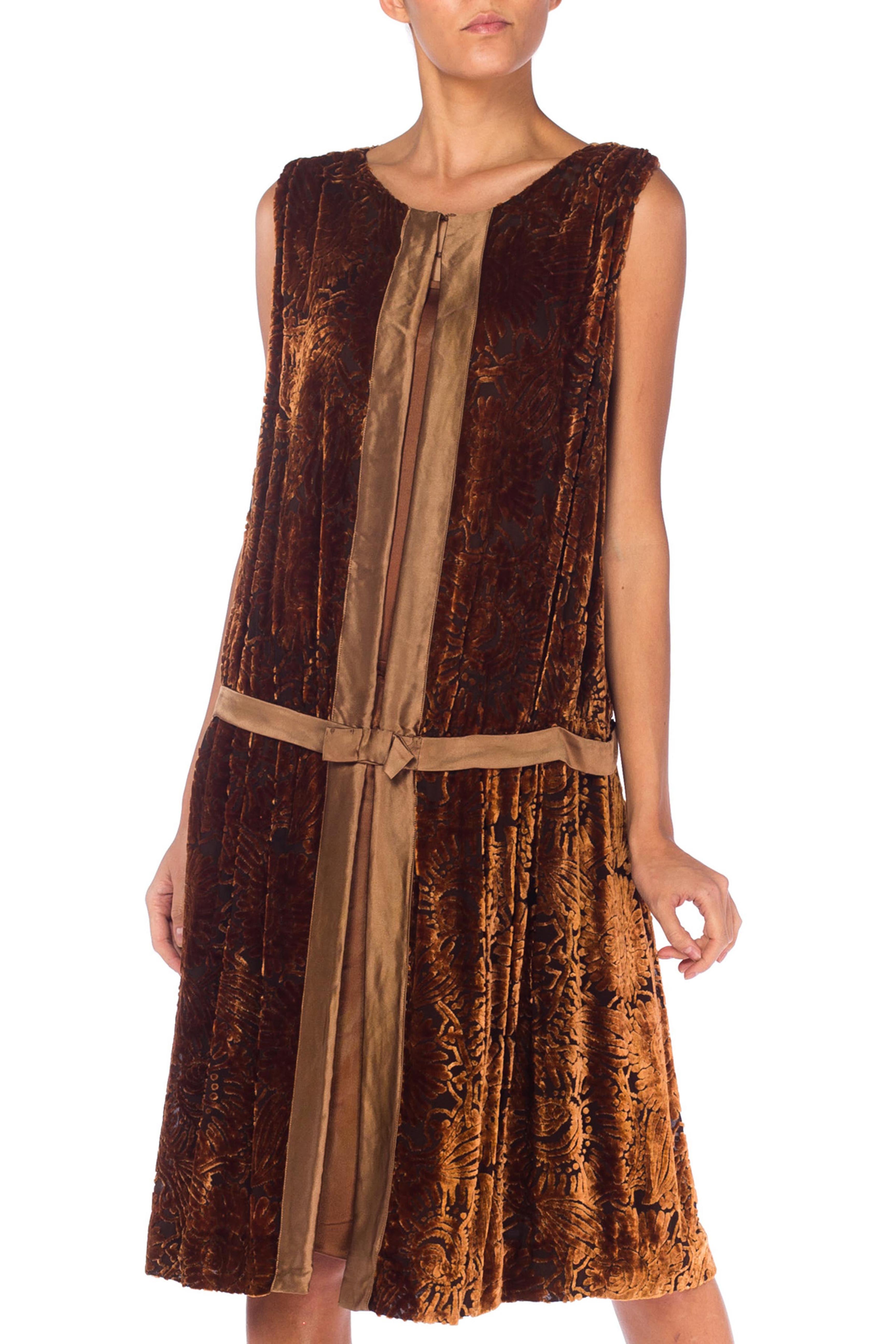 1920S Caramel Brown Silk Floral Burnout Velvet Cocktail Dress