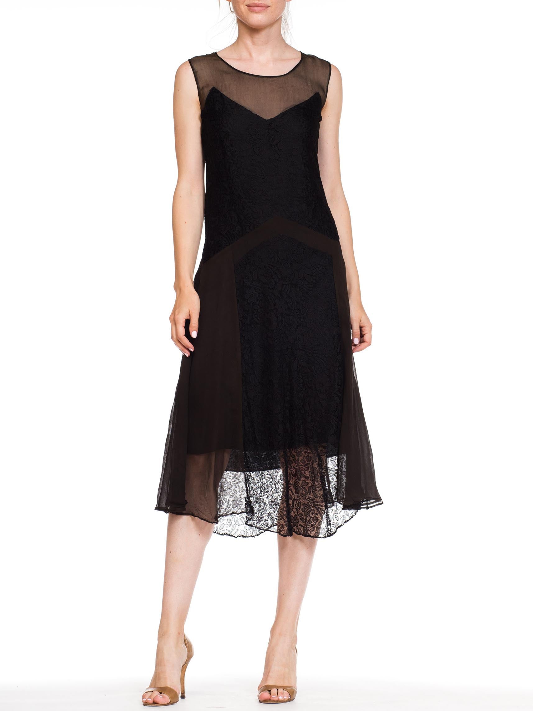 1920S Black Silk Chiffon & Lace Art Deco Flapper Cocktail Dress 1920S Black Silk Chiffon & Lace Art Deco Flapper Cocktail Dress