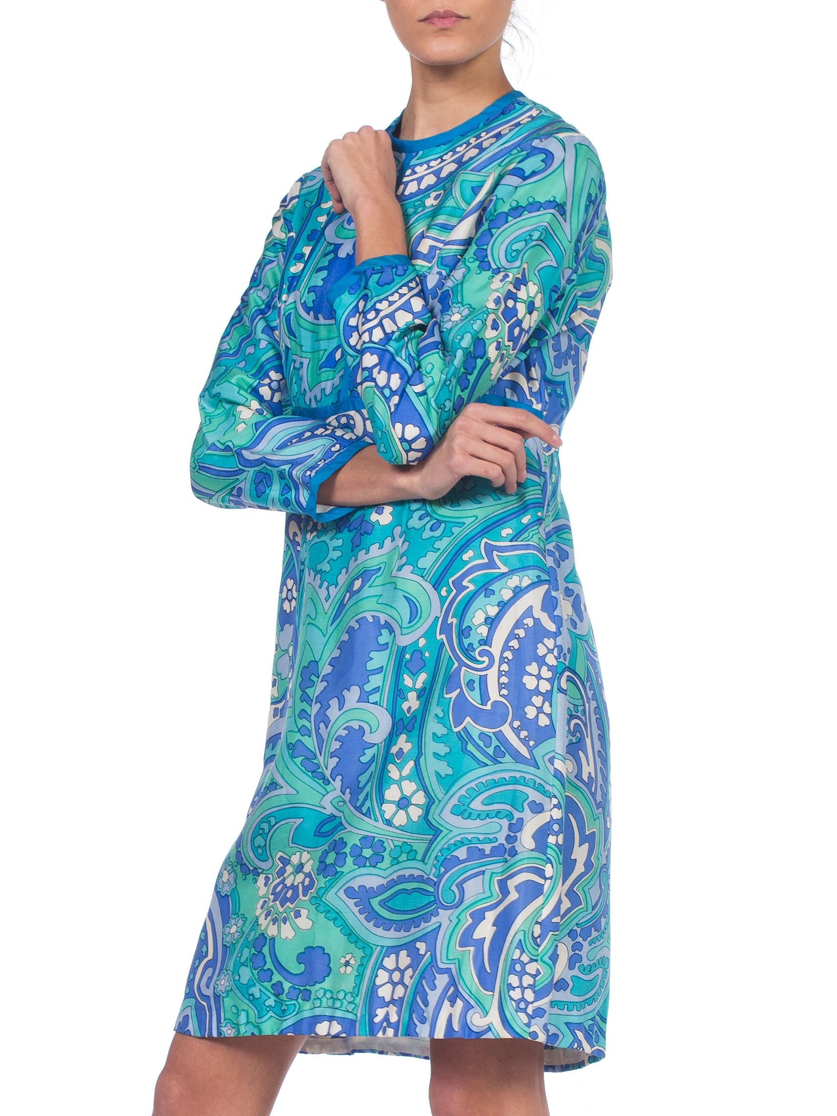 1960S I. MAGNIN Aqua Psychedelic Silk Empire Waist Mod Long Sleeve Dress 1960S I. MAGNIN Aqua Psychedelic Silk Empire Waist Mod Long Sleeve Dress