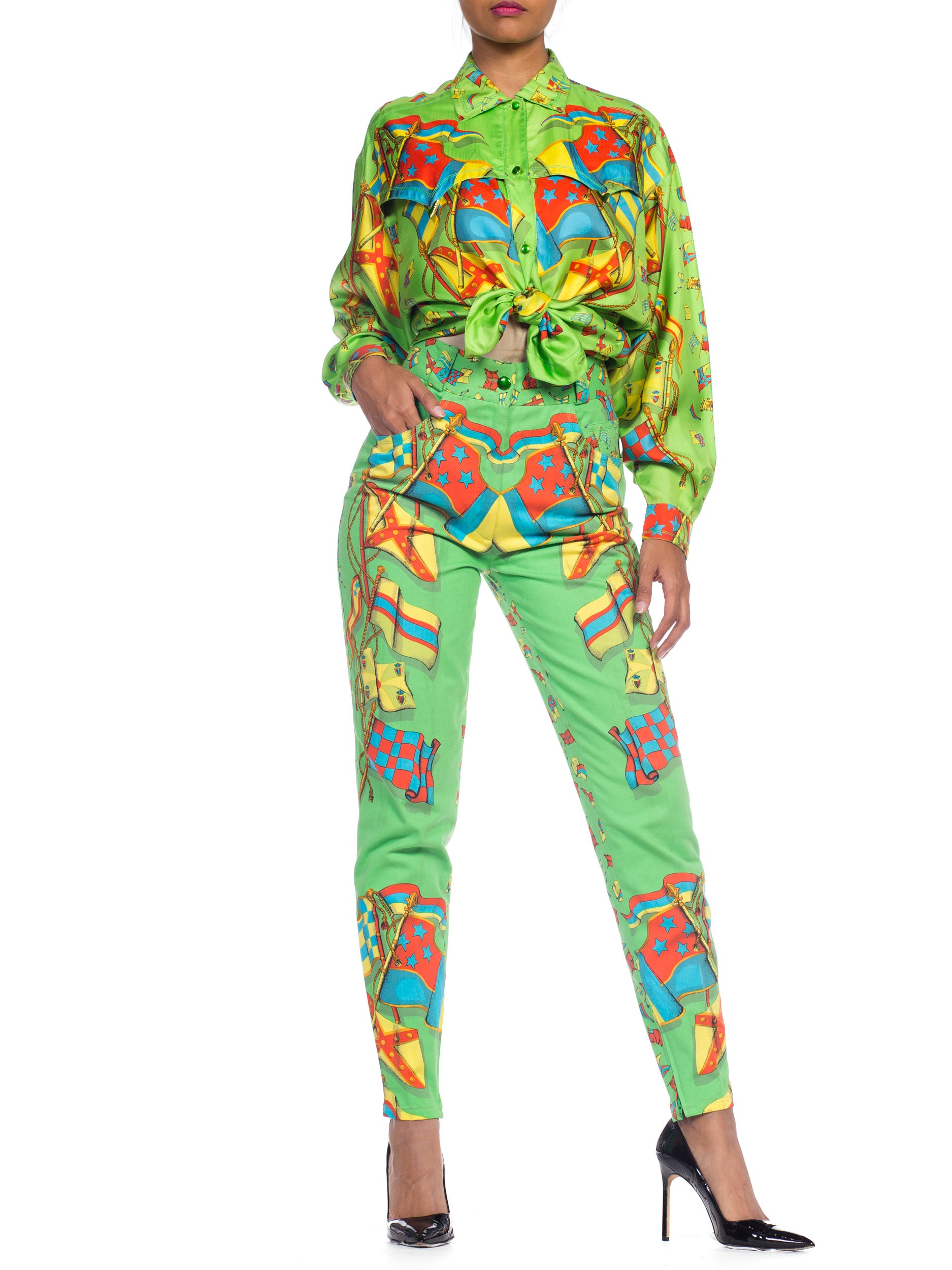 1990S GIANNI VERSACE Miami Collection Silk Blouse & Cotton Jeans Set