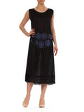 1920S Black Silk Chiffon Flapper Dress With Blue & Green Floral Beadwork
