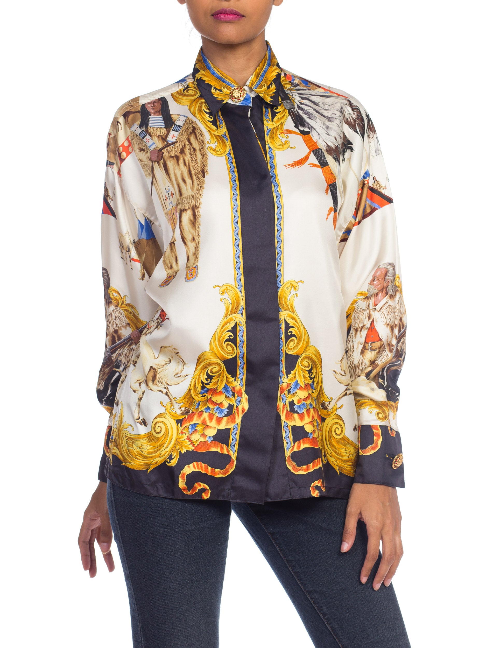 1990S GIANNI VERSACE Silk Native American Buffalo Bill Shirt Sz 38 1990S GIANNI VERSACE Silk Native American Buffalo Bill Shirt Sz 38